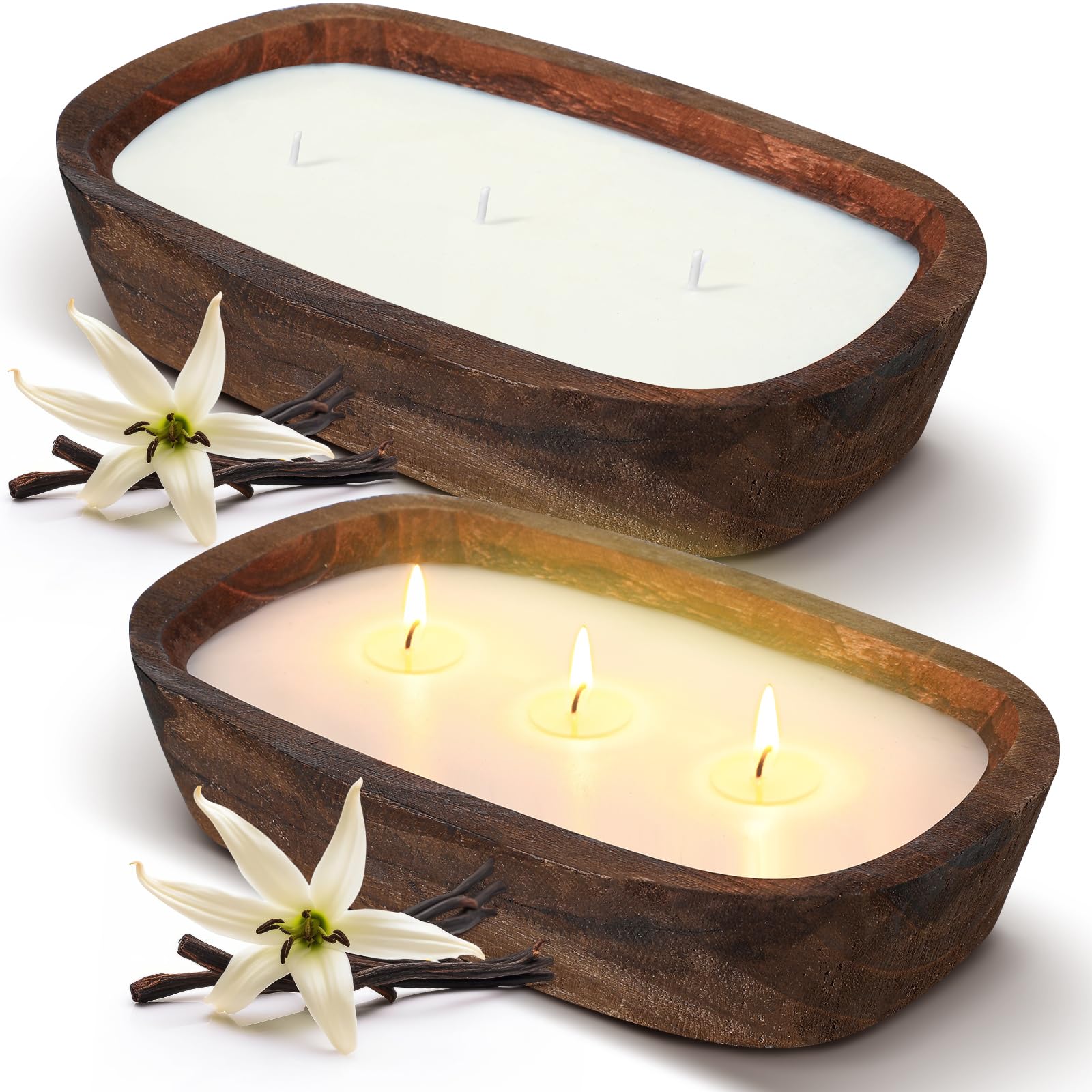 2 Pack Wood Dough Bowl Candle Jar Candle Decorative with Wick Scented Candles Soy Gifts for Men Women Farmhouse Table Centerpiece Home(Vanilla,10 Inch)