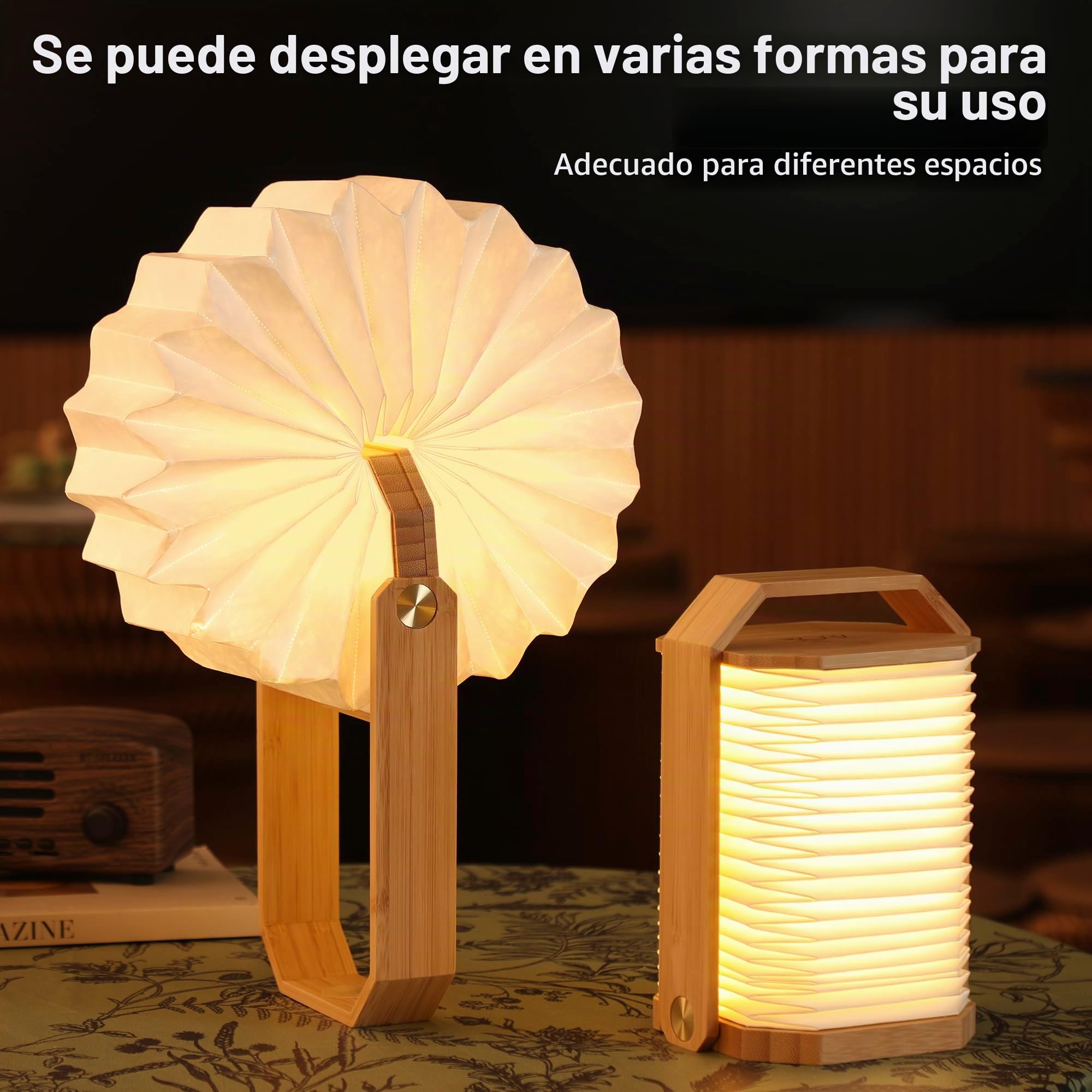 Lámpara de Mesa de Madera con Asa, Lámpara de Linterna Japonesa, Luz Ambiental, Lámpara de Ambiente, Lámpara LED Recargable para Hogar & Exterior & Fiesta & Regalo (Bambú)