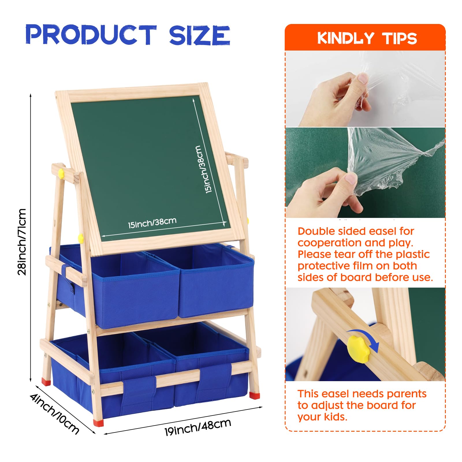 Pizarra infantil de madera con 4 cajones de tela, pizarra blanca de doble cara y pizarra Plegable Ajustable en altura Caballete infantil giratorio con números y otros accesorios para niños