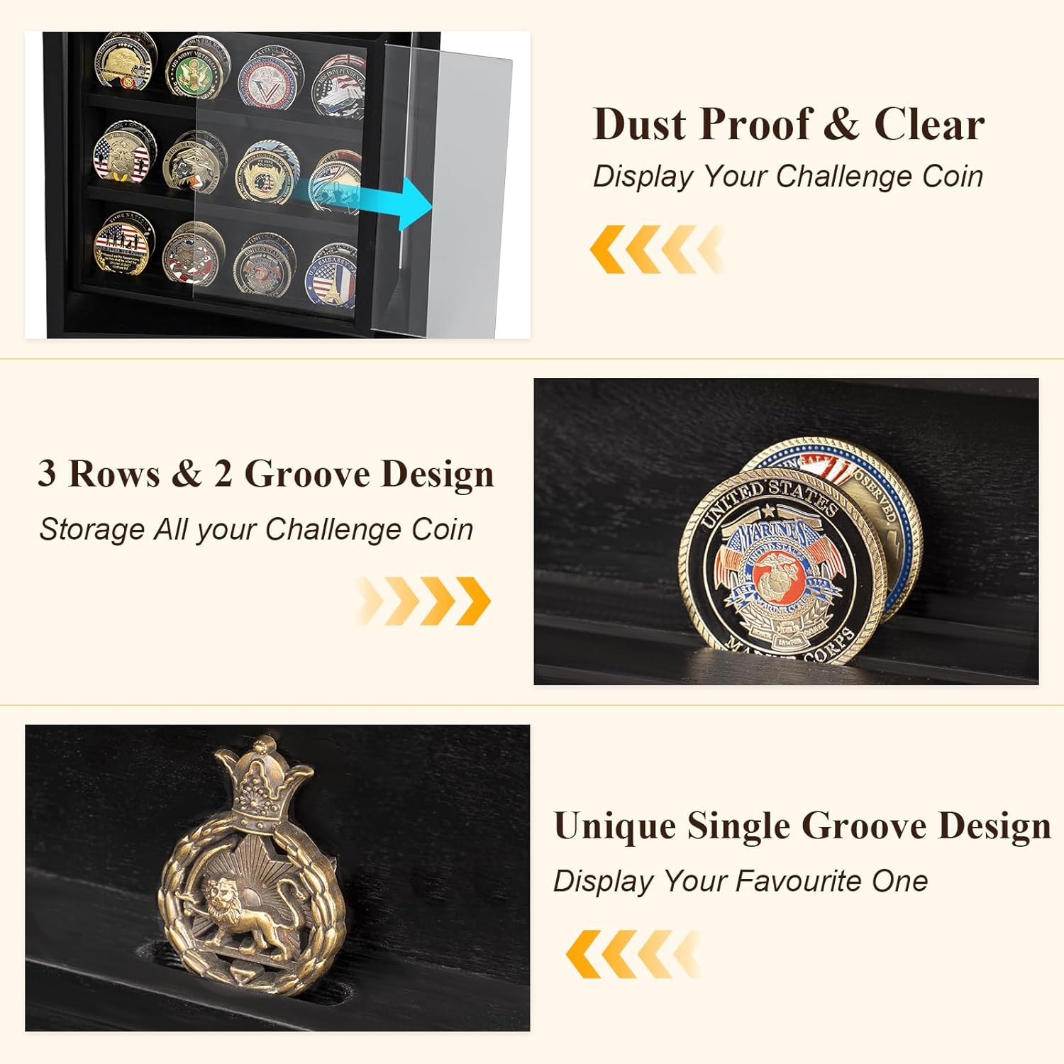 Emfogo Double-Sided Rotating Challenge Coin Display, Wooden Military Coin Holder Holds 33 Coins for Desktop, 6-Row Display Stand for Honoring Veterans & Collectors (Black)