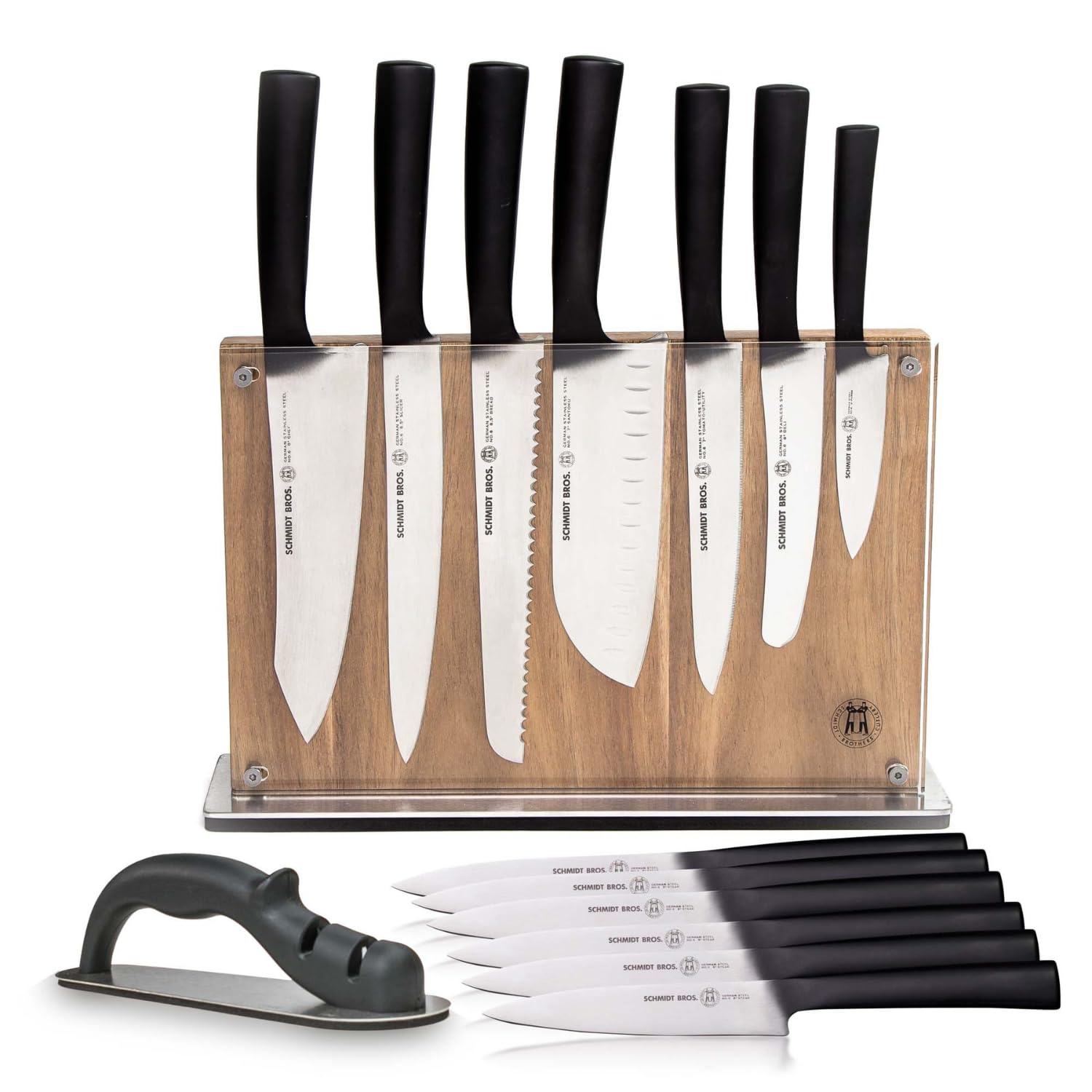 Schmidt Brothers - Carbon 6, 15-Piece Kitchen Knife Set, High-Carbon Stainless Steel Cutlery with Downtown Acacia and Acrylic Magnetic Knife Block and