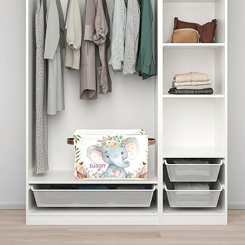 Miniatura 4 de Cesta de almacenamiento de lona personalizada con diseño de flores de elefante en acuarela con asa, para armario, estante, cuarto del bebé,