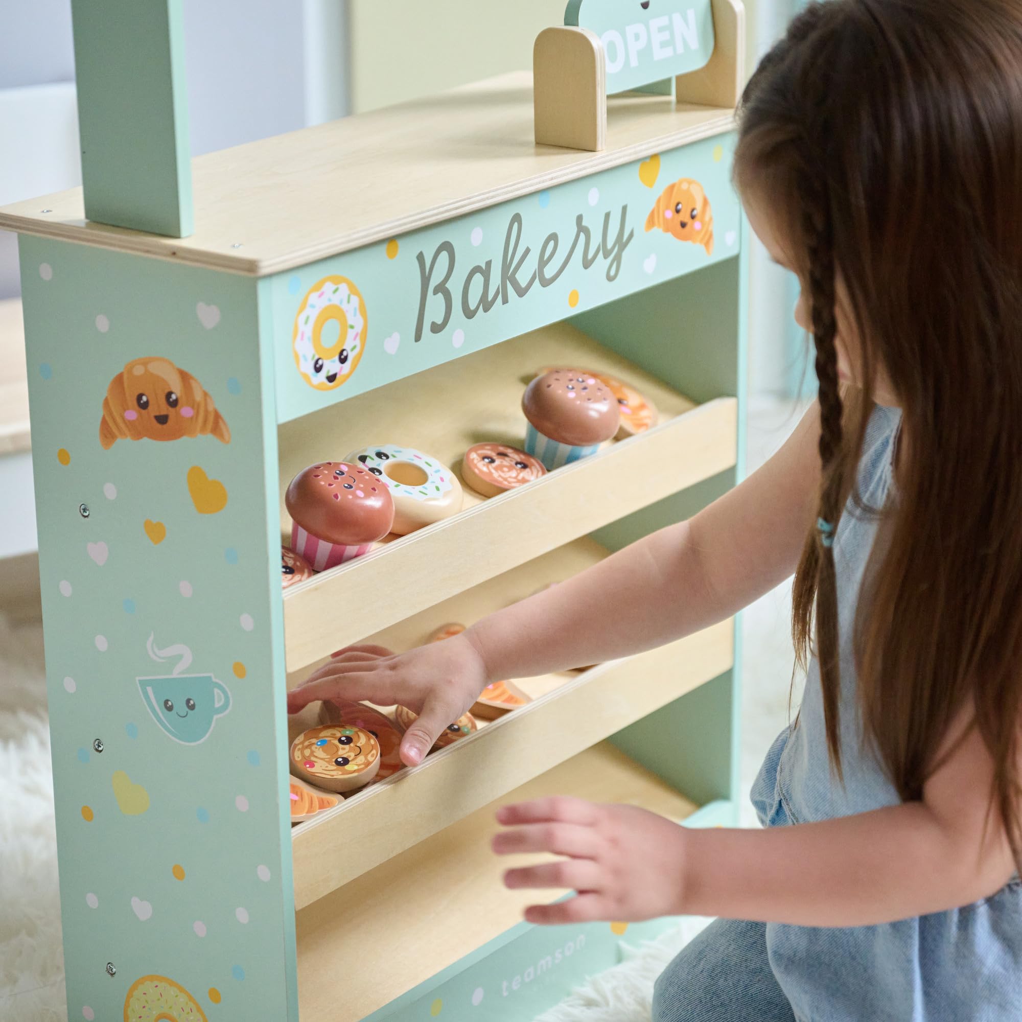 Teamson Kids Jolly Pals Kiosk drewniana piekarnia z 12 słodyczami, edukacyjna gra dla dzieci, kompaktowa podstawka do wyobraźni i towarzyskości