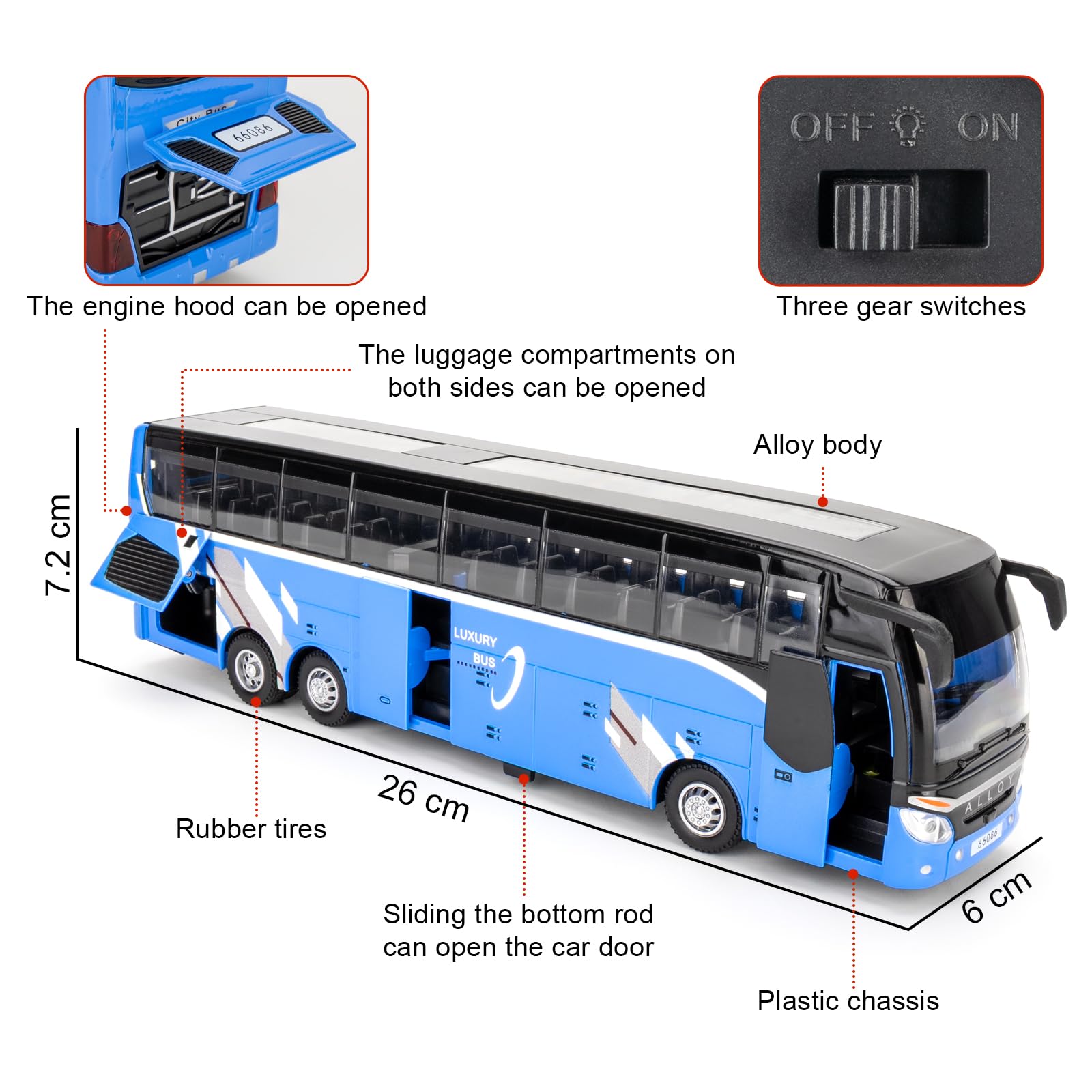 TGRCM-CZ 1/30 modelo de coche de autobús de lujo, coche modelo de vehículos de aleación de zinc con sonido y luz para coleccionistas y niños de más de 3 años de regalo de cumpleaños (azul)