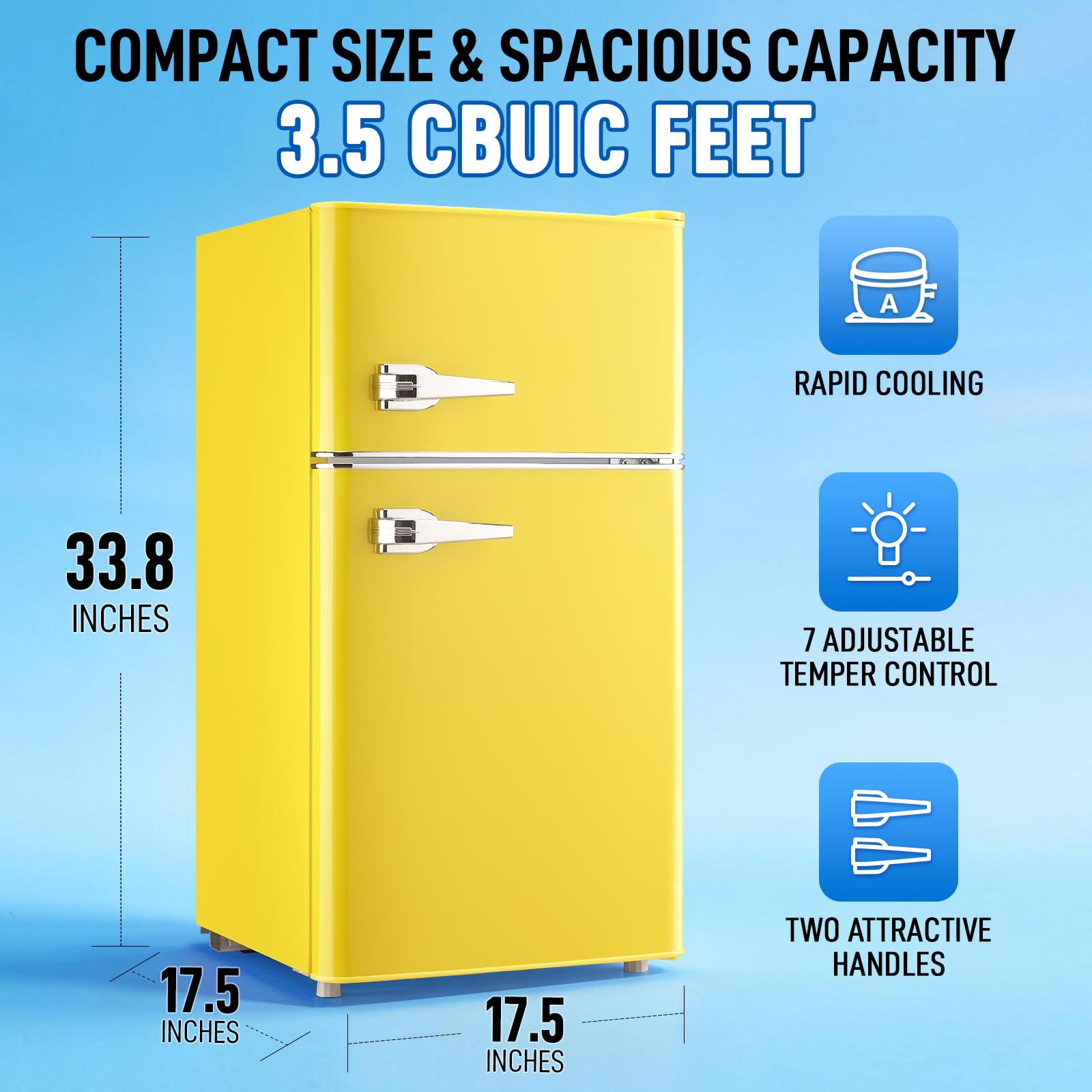 WANAI 2 Door 2 Handle Mini Refrigerator With Freezer-On-Top, Spacious 3.5 Cubic Feet Capacity Small Fridge With 7-Level Adjustable Thermostat & 2 Removable Shelves Yellow on Fridge.com - View 5