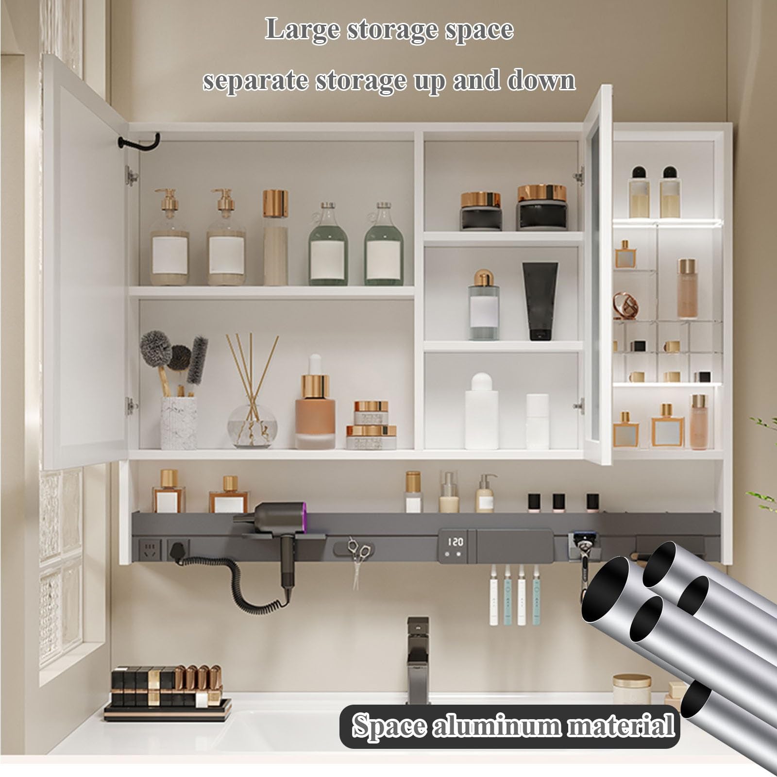 Armario Espejo Baño Con Luz De Aluminio Espacial,Espejo Baño Con Luz,Estante De Pared Para Baño Con Estante,Baño Moderno Con Espejo/Secador De Pelo/Cepillo De Dientes/Cepillo De Maquillaje En Estante(