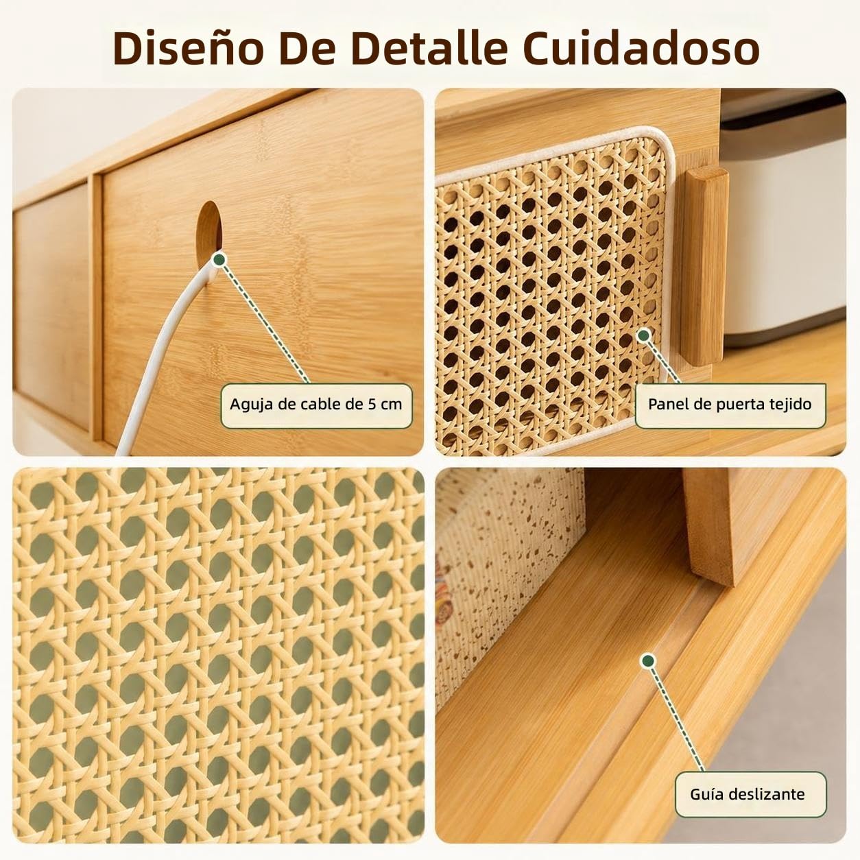 Set Tavolino da Salotto e Mobile TV Stile Giapponese, Mobile Basso con Ante Scorrevoli Intrecciate in Rattan per Piccoli Spazi