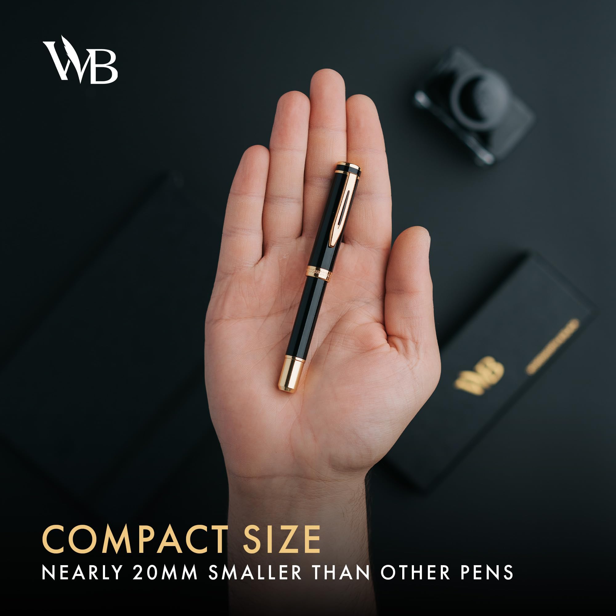 Wordsworth and Black Fountain Pen Mini EDC: Luxury Black Heavy Pocket Pen, Gold Finish, Medium Nib, 6 Ink Cartridges - Image 3