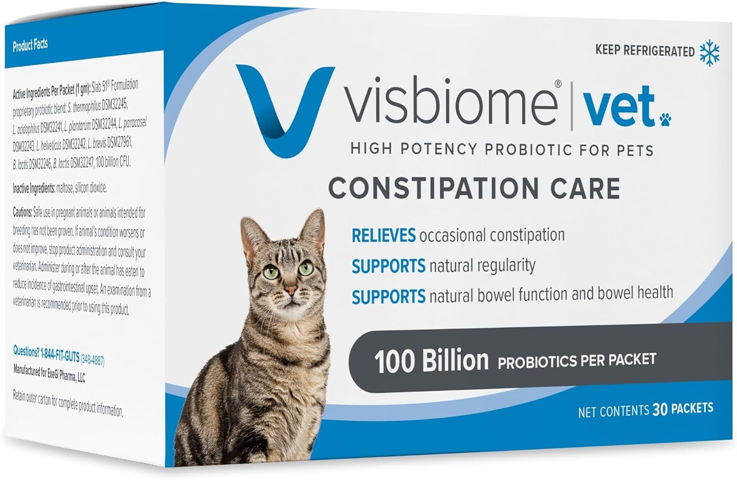 Visbiome® Vet Constipation Care High Potency Probiotic for Cats – 100B CFU, 8-Strain Slab51® Formula – Refrigerated, Veterinarian Recommended Clean Label Certified – 30 Packets