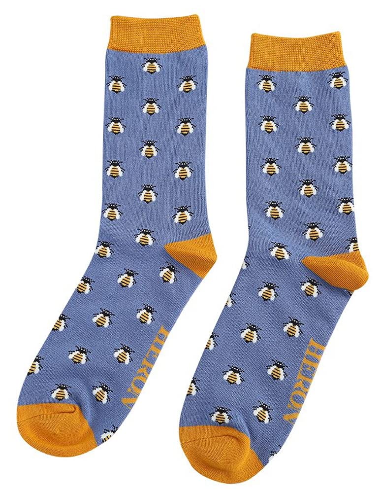 Lilyrosa Men's Blue Bee Socks Boys 6-11 Bamboo Bees Insect Mustard Grey 1 Pair (Blue)