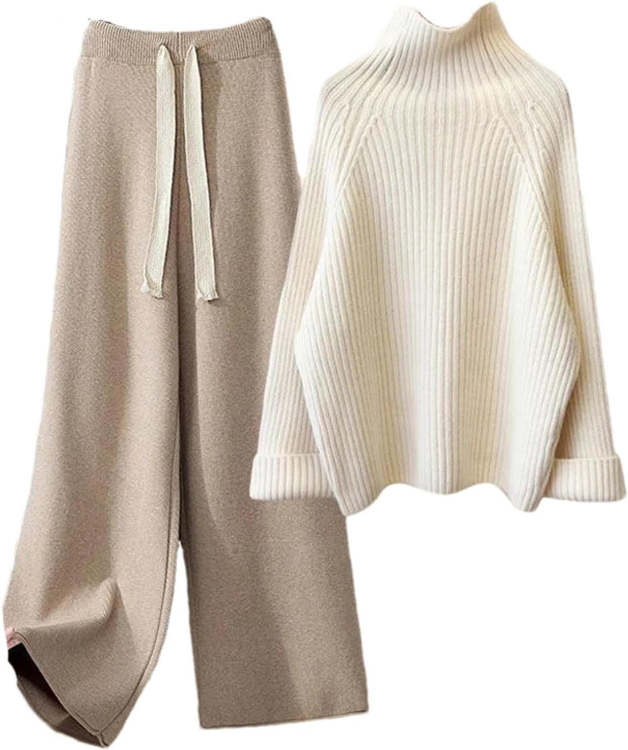 Autumn Winter Warm Knitted Suit Women Long Sleeve Half Turtleneck Knitting Sweater and Wide Leg Pants Sets Wear Set