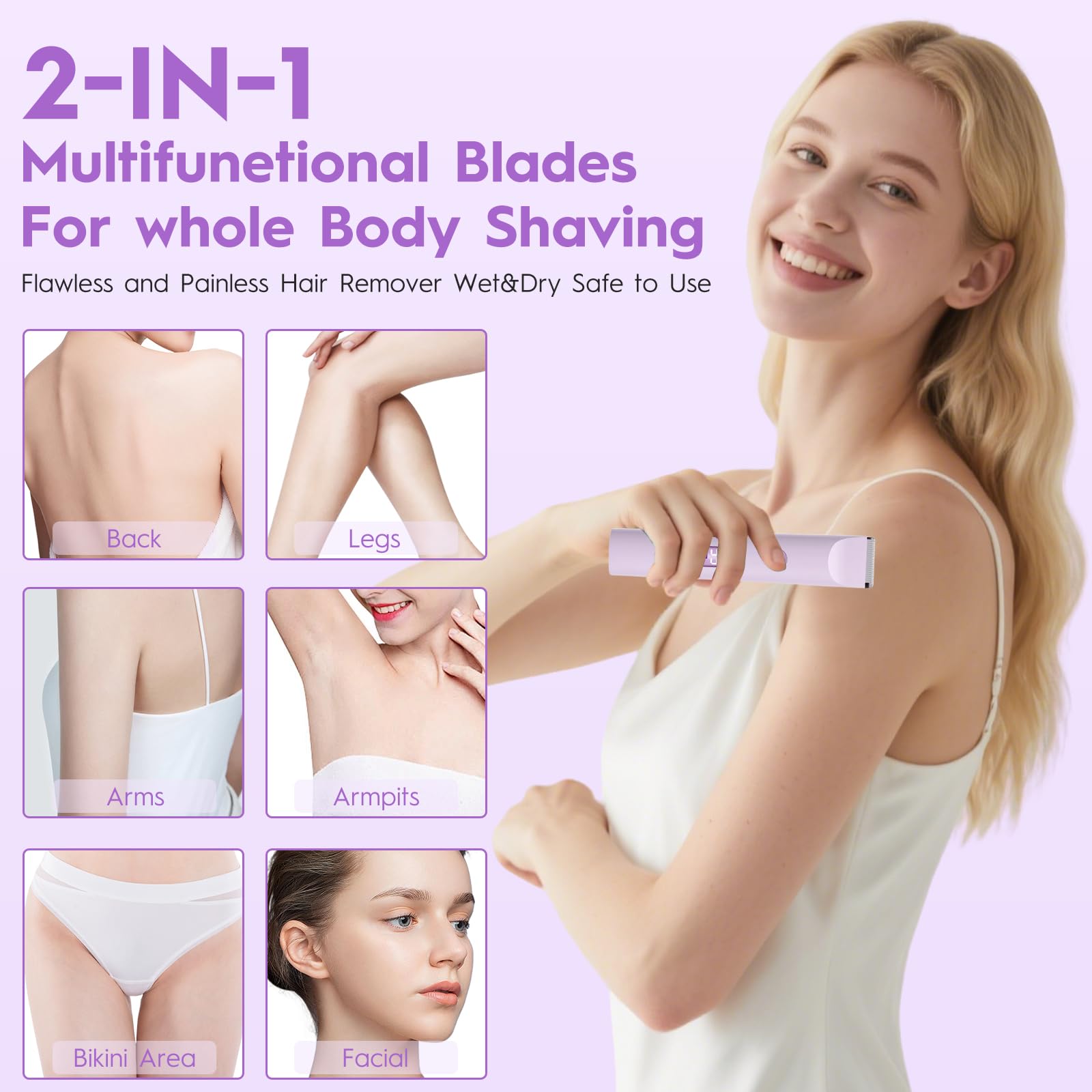 Rasoir Electrique Femme 2 in 1 Violet, IPX7 Étanche Rasoir, Tondeuse Femme Intime Tout-En-Un (Visage, Jambes, Aisselles & Corps), Tondeuse Bikini Rasoir Maillot