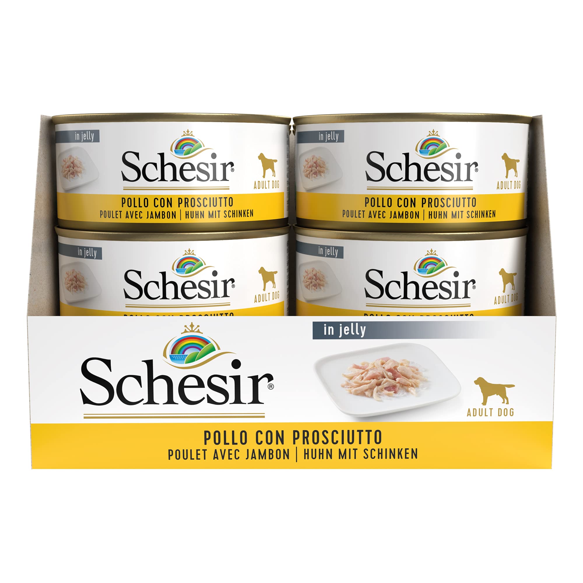 Schesir Cibo Umido per Cani Adulti Pollo e Prosciutto in Gelatina 2,7kg (18x150g)