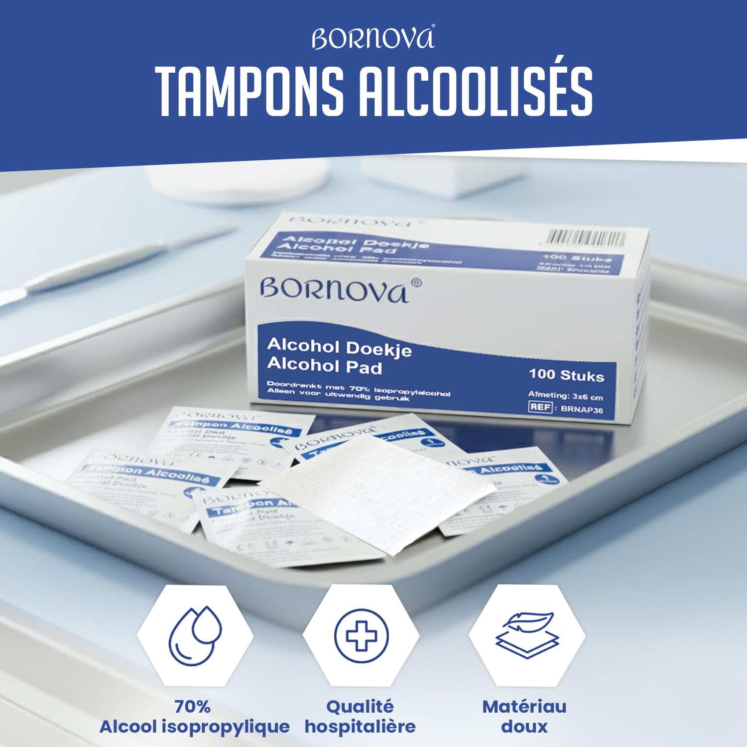1000 PCS - Tampon tampons alc. imprégné – Lingette 3x6 cm pour nettoyage de la peau et objets – Usage unique – BORNOVA