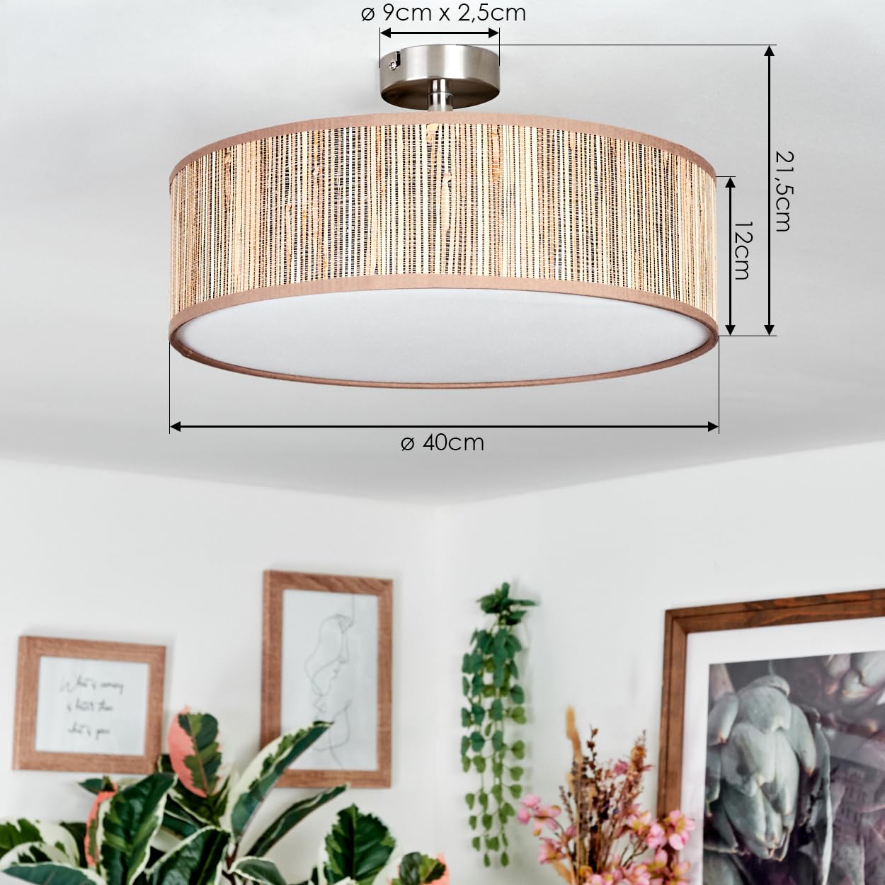 Plafonnier Foggia de HOFSTEIN, en métal/jonc de mer/tissu/plastique en nickel mat/naturel/marron/blanc, lampe bohème ronde (Ø 40 cm), E27, salle à manger, salon, chambre à coucher, cuisine, couloir