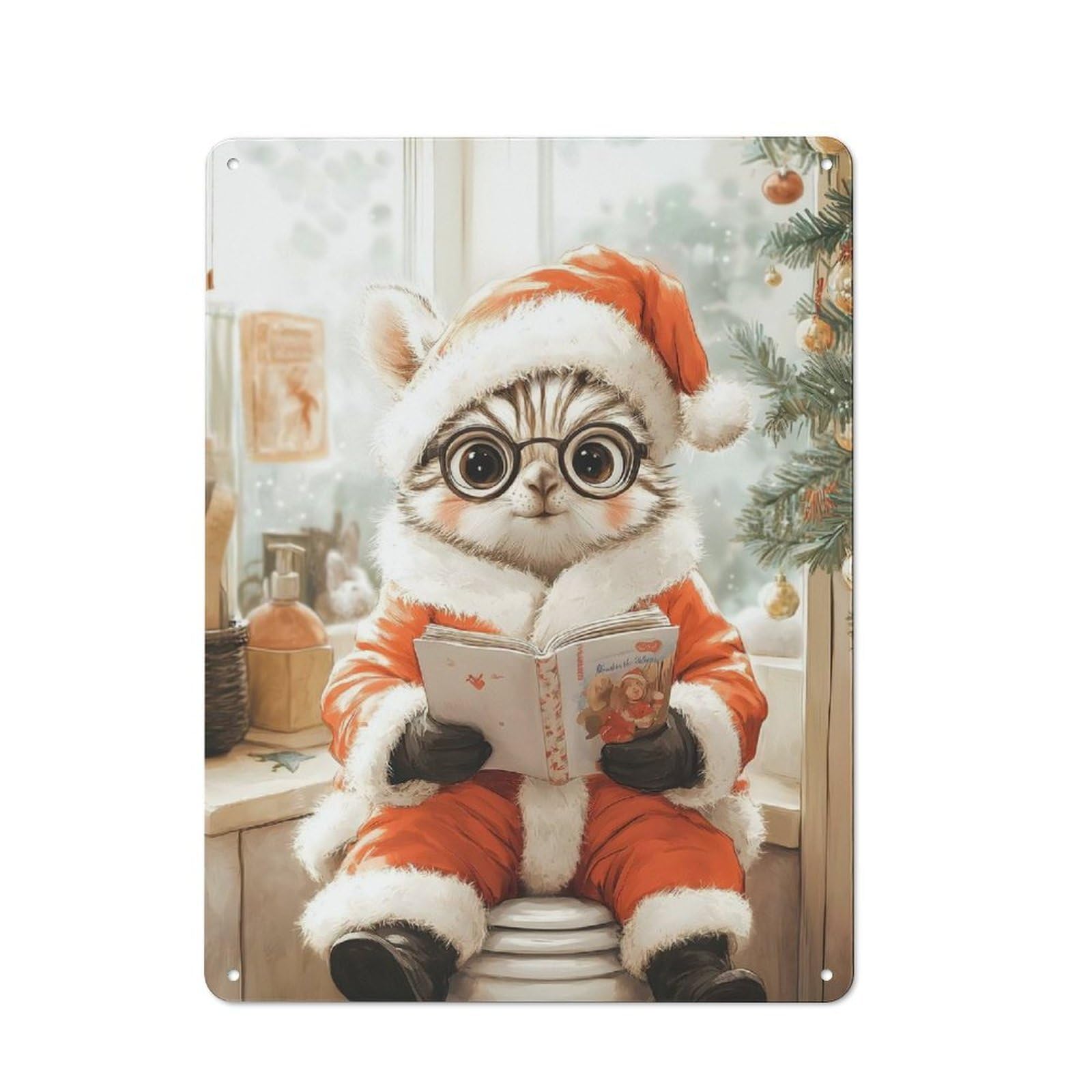Junmoney Cat Santa Reading Vintage Tin Sign 40X30cm For Garden Room Or Summerhouse, A Housewarming Gift For Outdoor-Room Decor Collectors