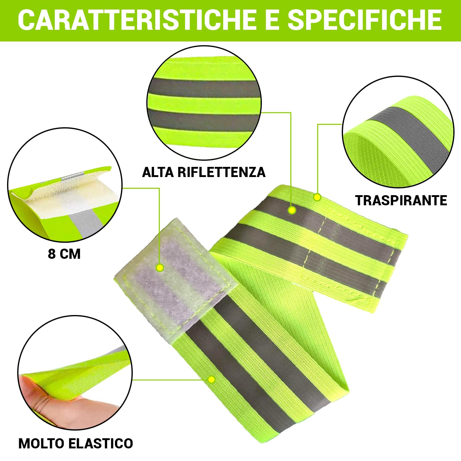 Bracciali Riflettenti a Doppia Striscia 5 cm Chiusura Regolabile 8 cm Visibilità 360° per Braccia Gambe Caviglie