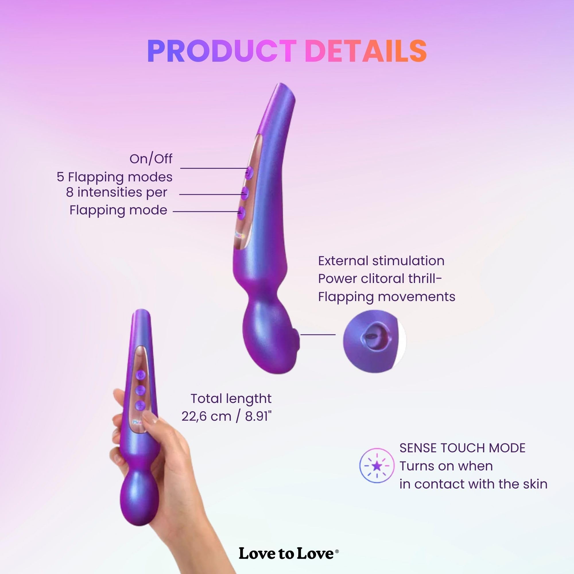 Love to Love Pleaser Wand Stimolatore Clitorideo – Wand femminile in silicone con design flapping, modalità Sense Touch, 5 modalità e 8 livelli di intensità, ricaricabile, impermeabile IPX7
