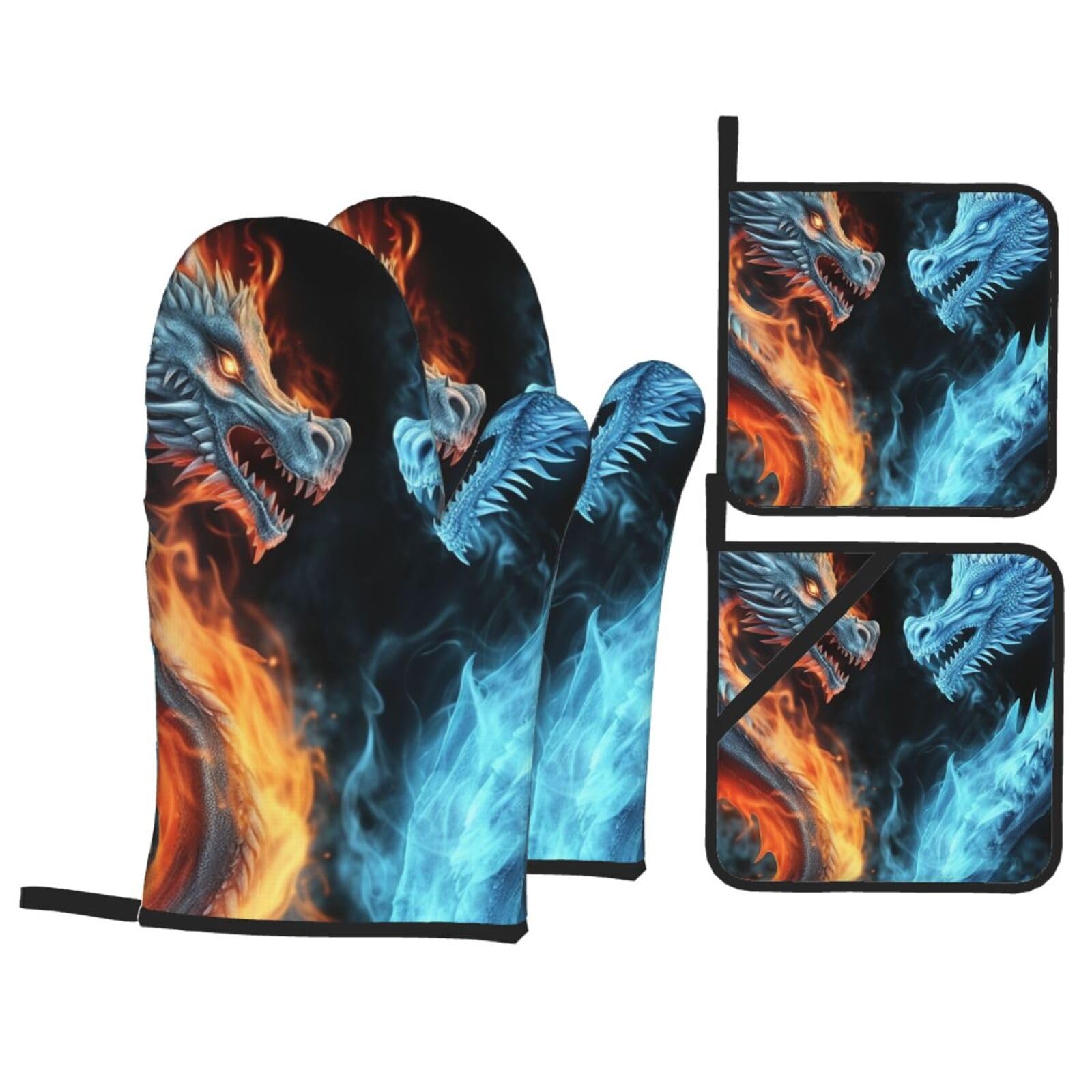 Gants de cuisine antidérapants et maniques motif dragons lot de 4 four