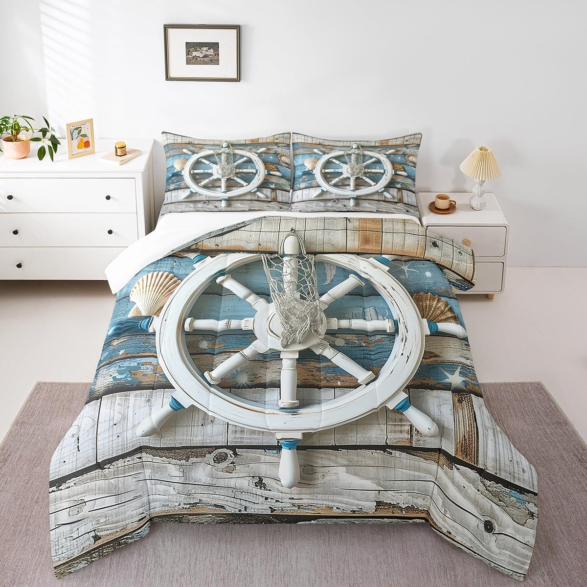 Manfei Nautical Comforter Set Twin Size, Nautical Rudder Anchor Quilt Set with 1 Pillowcase, Vintage Blue Wooden Plank Bedding Set 2pcs for Kids Boys