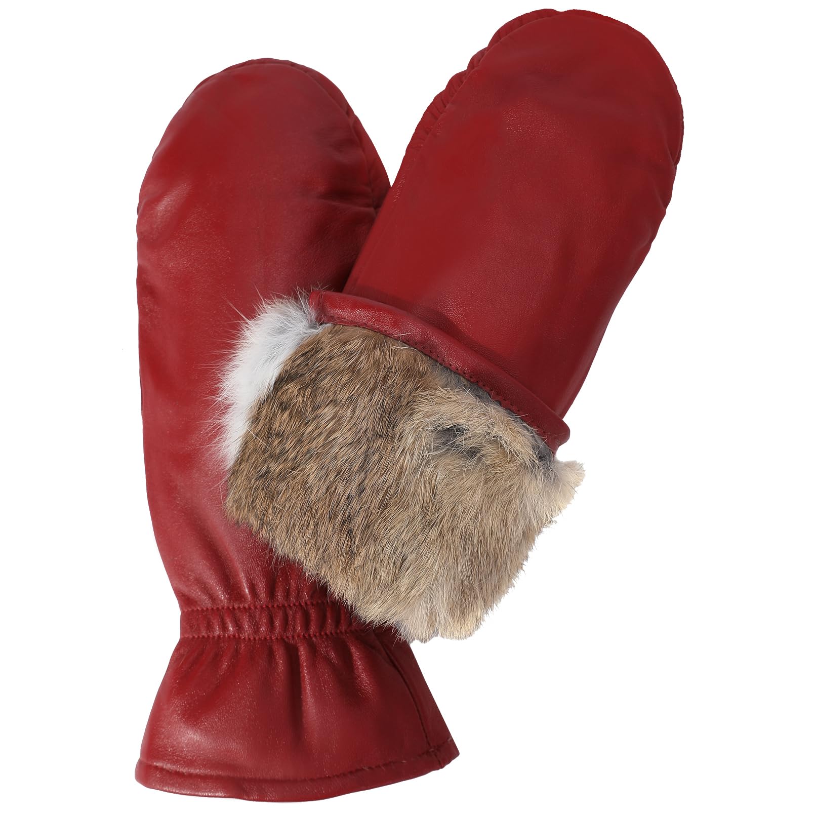 NOVBJECT Women Leather Mittens Finger Rabbit fur Lining Winter Sheepskin Soft and Warm