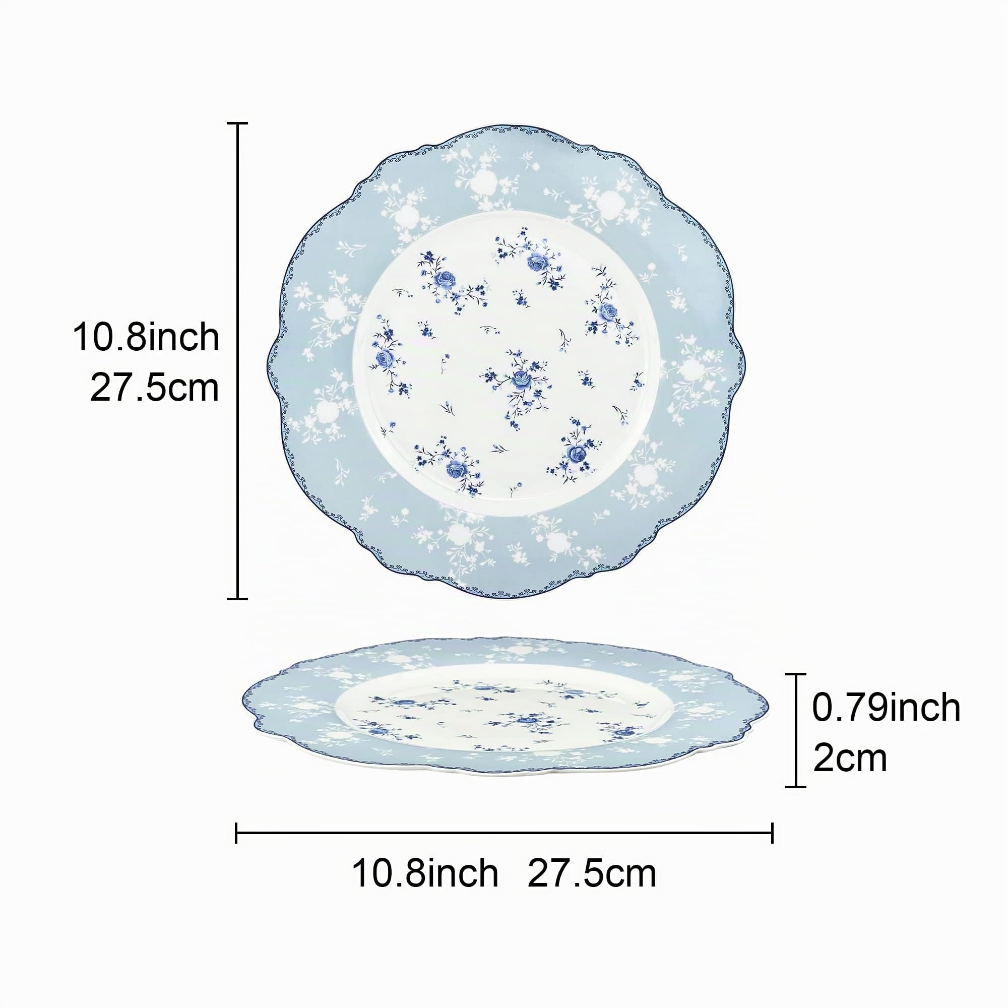 fanquare Juego de 4 Platos Llanos de Porcelana, 27.5cm Platos Grande Florales Azul, Vajilla Vintage Real para Navidad Fiesta, Boda