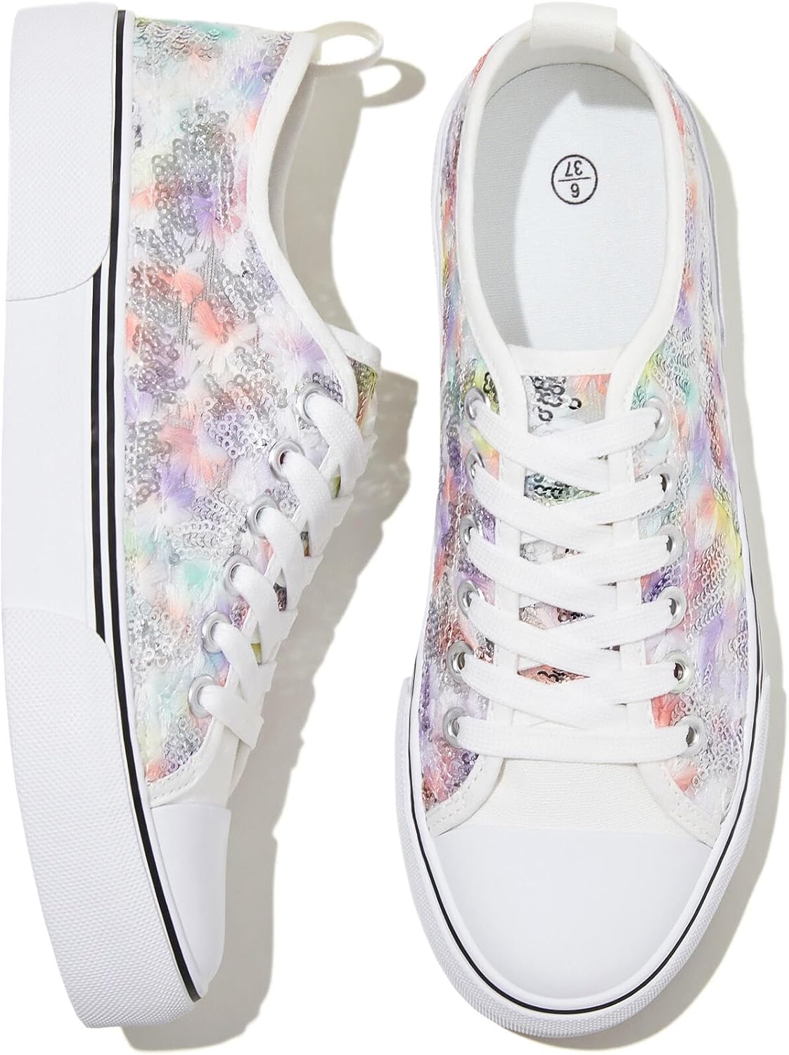 kufeiti Women’s White Tennis Shoes Embroidered Sequins Low Top Canvas Shoes Comfortable Casual Fashion Sneakers