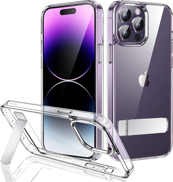 JETech Kickstand Case for iPhone 14 Pro Max 6.7-Inch, Support Wireless Charging, Slim Shockproof Bumper Phone Cover, 3-Way Metal Stand (Clear)