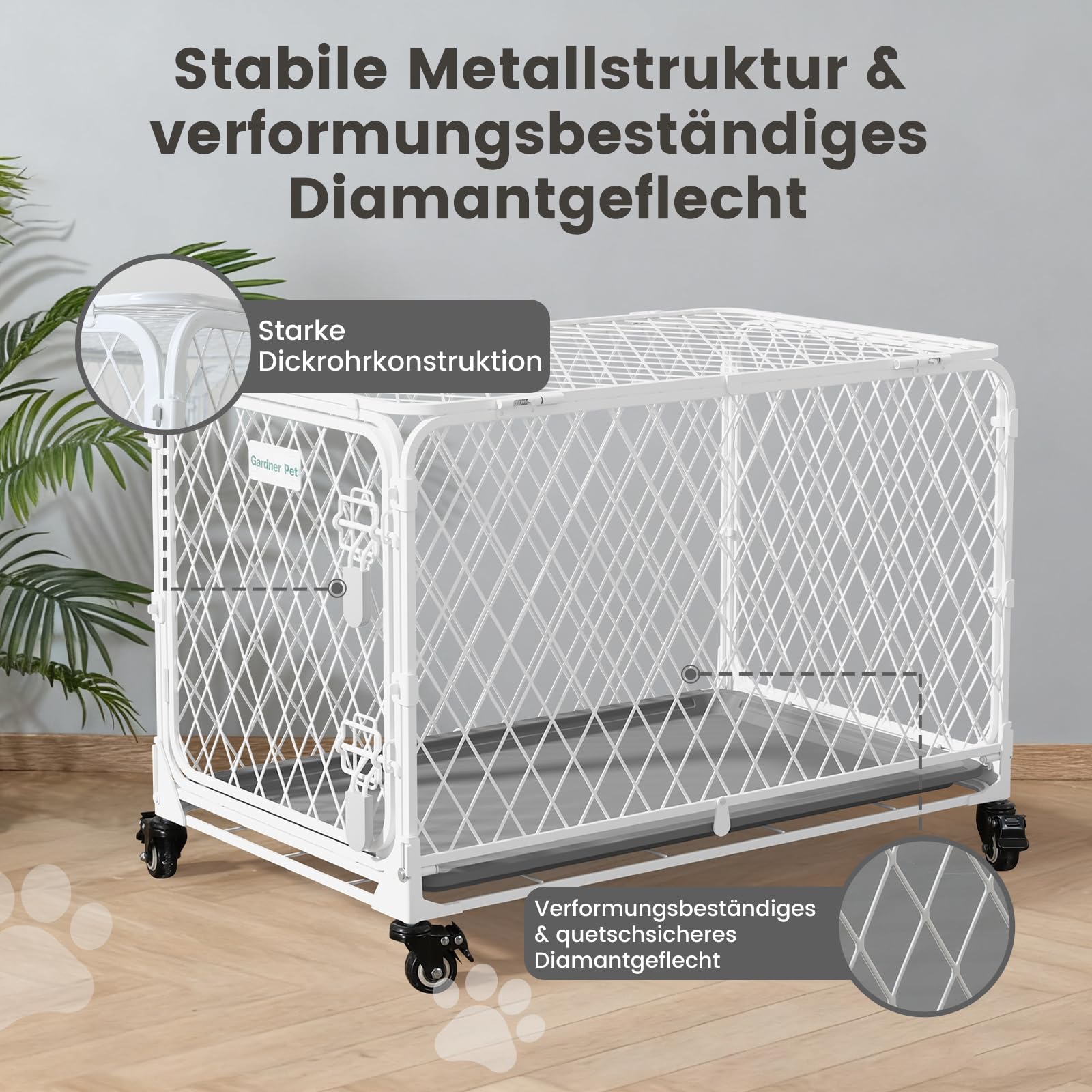 Gardner Pet Hundekäfig faltbar, Transportbox Drahtkäfig, 76x48x49 cm | Diamantgitter, Montagefrei, 4 Rollen, Ausziehbare Schale, Für kleine/mittelgroße Hunde