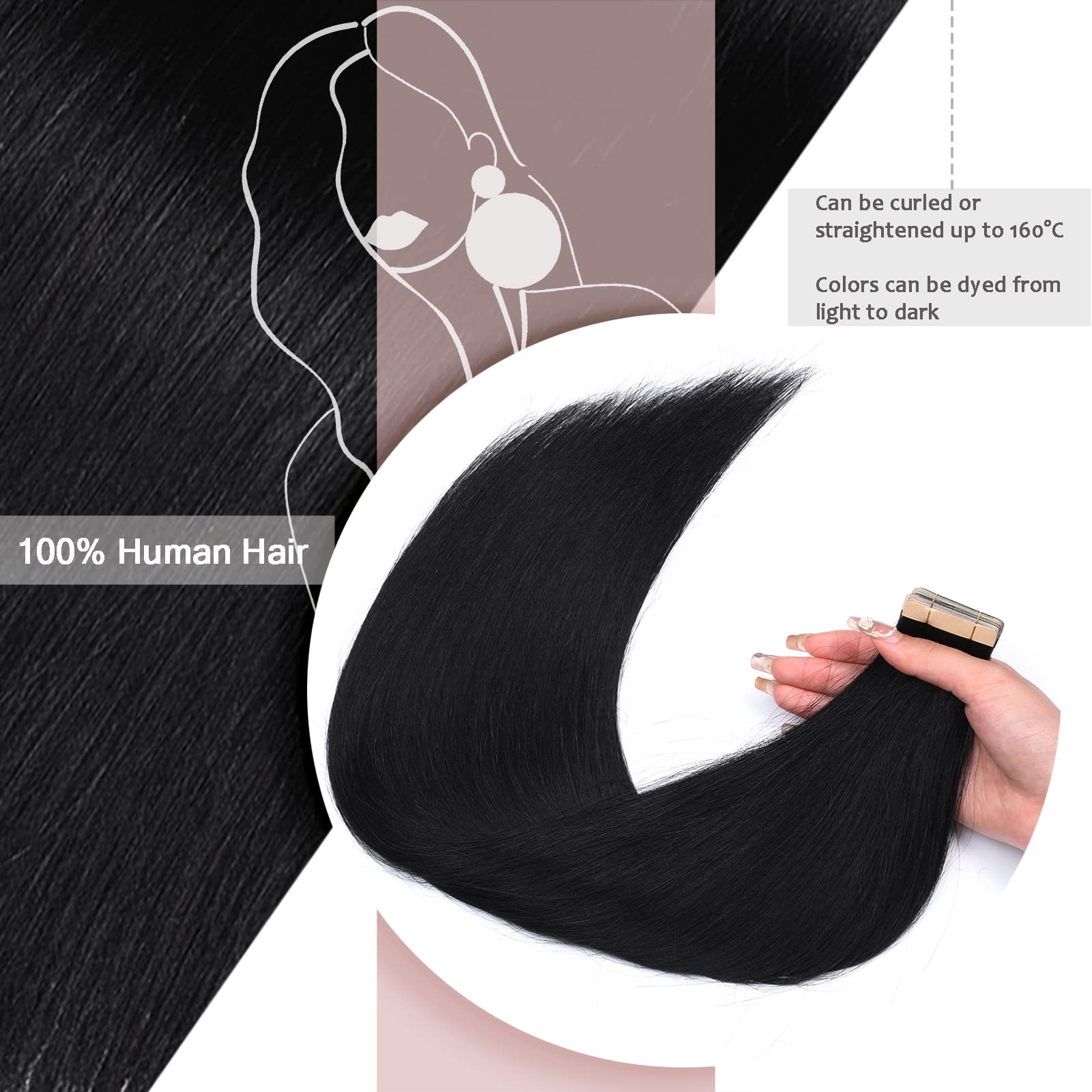 Hotlulana Extension Capelli Veri Biadesivo Nero(#1) Extension Capelli Veri 14Pollici 20pcs 35cm 40g Extension Biadesive Capelli Veri Invisible Skin Weft Remy 100% Tape in Hair Extensions Human Hair.