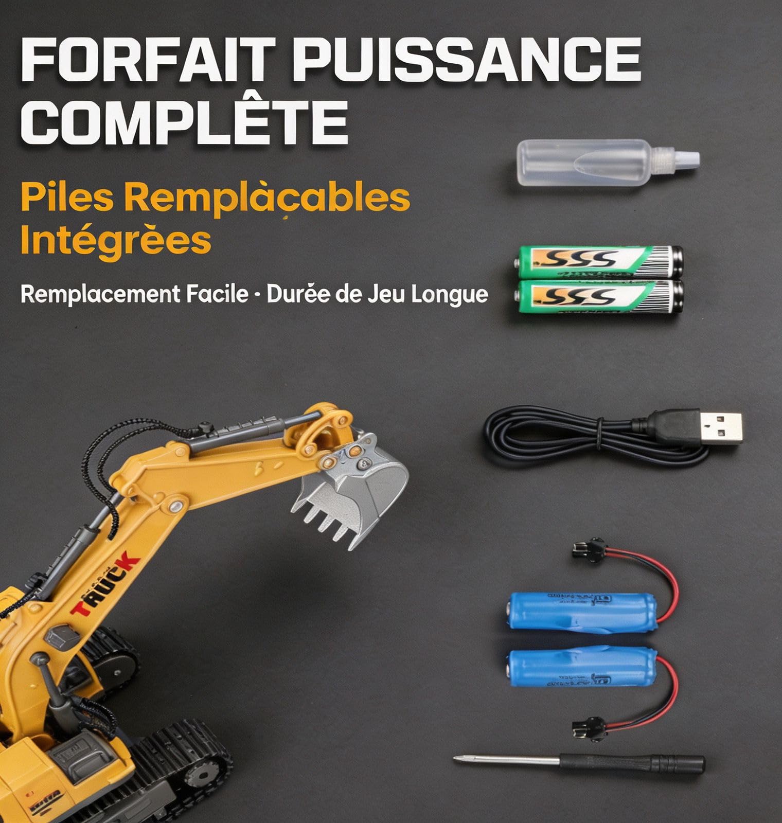 Pelle à télécommande, 1 Canal métal RC Construction véhicule Jouet avec lumières, Son, fumée