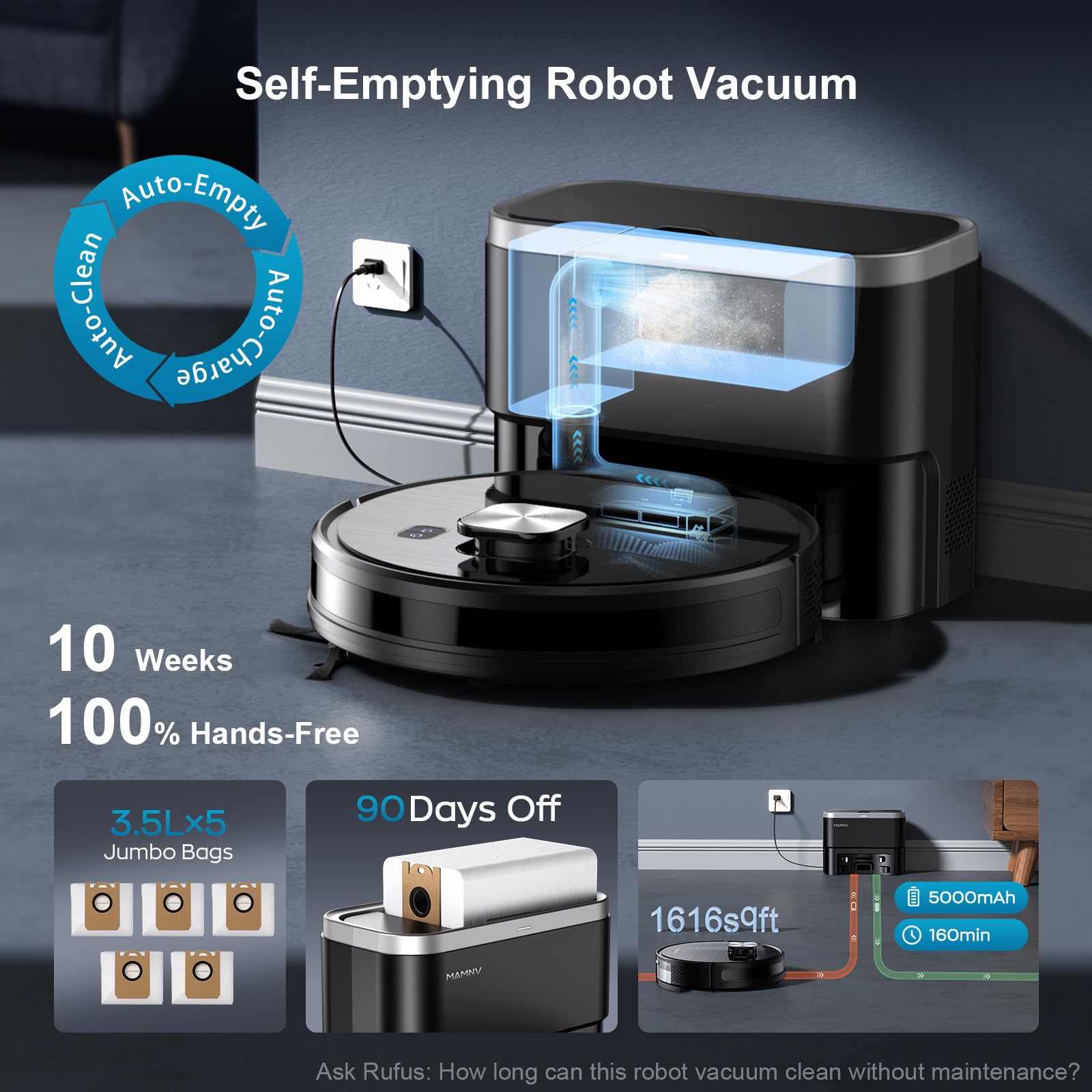Robot aspirador, succión de 11500 Pa, navegación LiDAR, vaciado