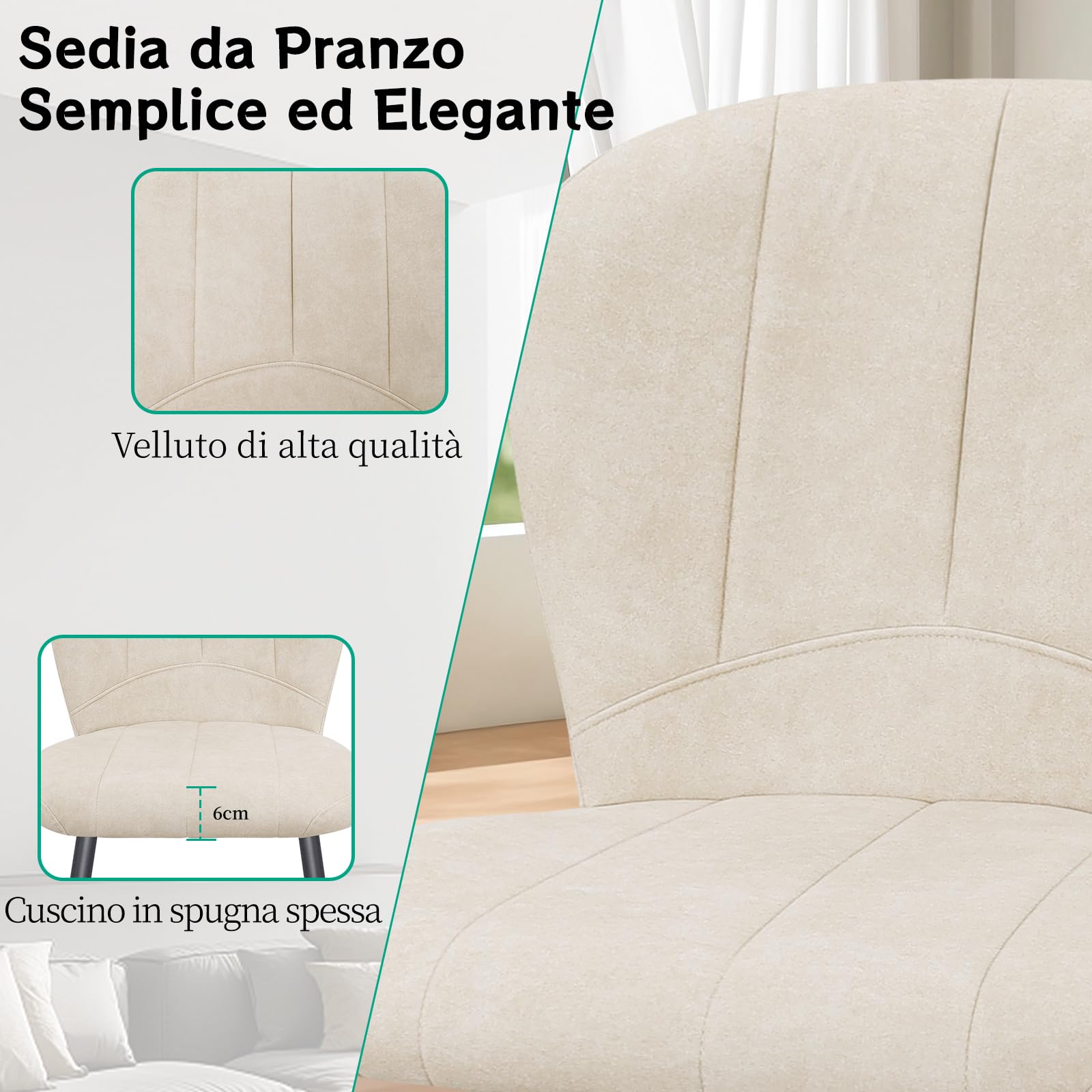 WAFTING Set di 4 Sedie da Pranzo, Sedia a Forma di Conchiglia in Ciniglia e Gambe in Metallo, Comfort Moderno per la Casa e l'Ufficio, Beige
