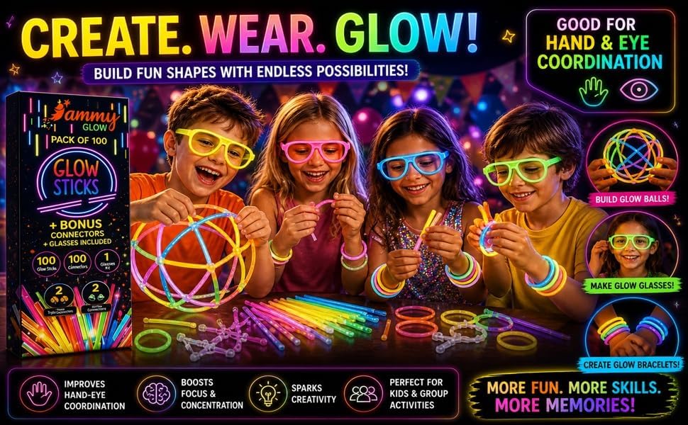 Ammy Glow Glow Sticks (205 Pcs Kit) Bulk Party Pack-100 Pack Glow Sticks with Connectors & Glasses- Party Favors for Kids 8-12- Neon Glow in The Dark Party Supplies for Birthdays & Events — Amazon image 5