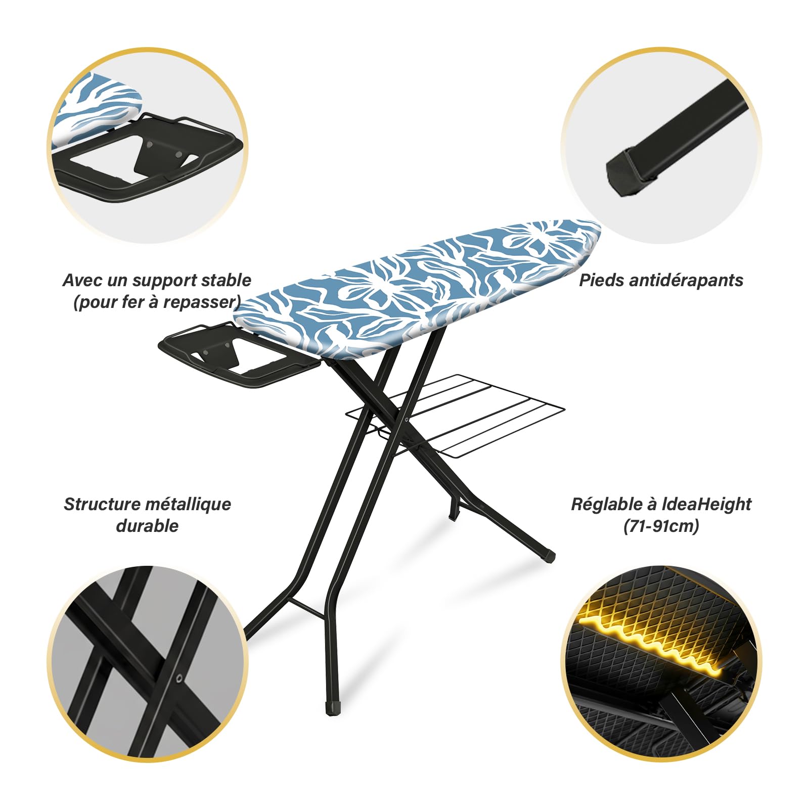 TEENO Table à Repasser Pliable 122 x 38 cm,pour Centrale Vapeur,Verrouillage Sécurisé,7 Réglages De Hauteur, Housse en Coton 100%,Universel pour La Maison/La Laverie(Bleu à Motifs)