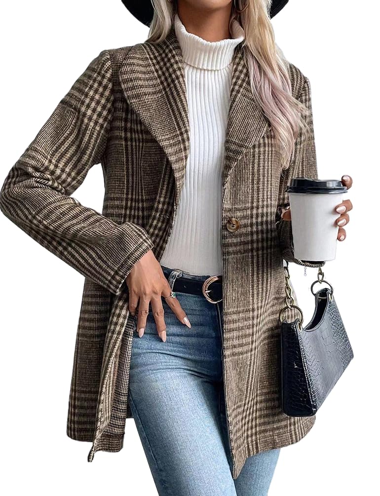Long Wool Plaid Blazer for Women Fall Winter Outfits Trench Coat Long Sleeve Casual Dressy Fashion Jacket Peacoat