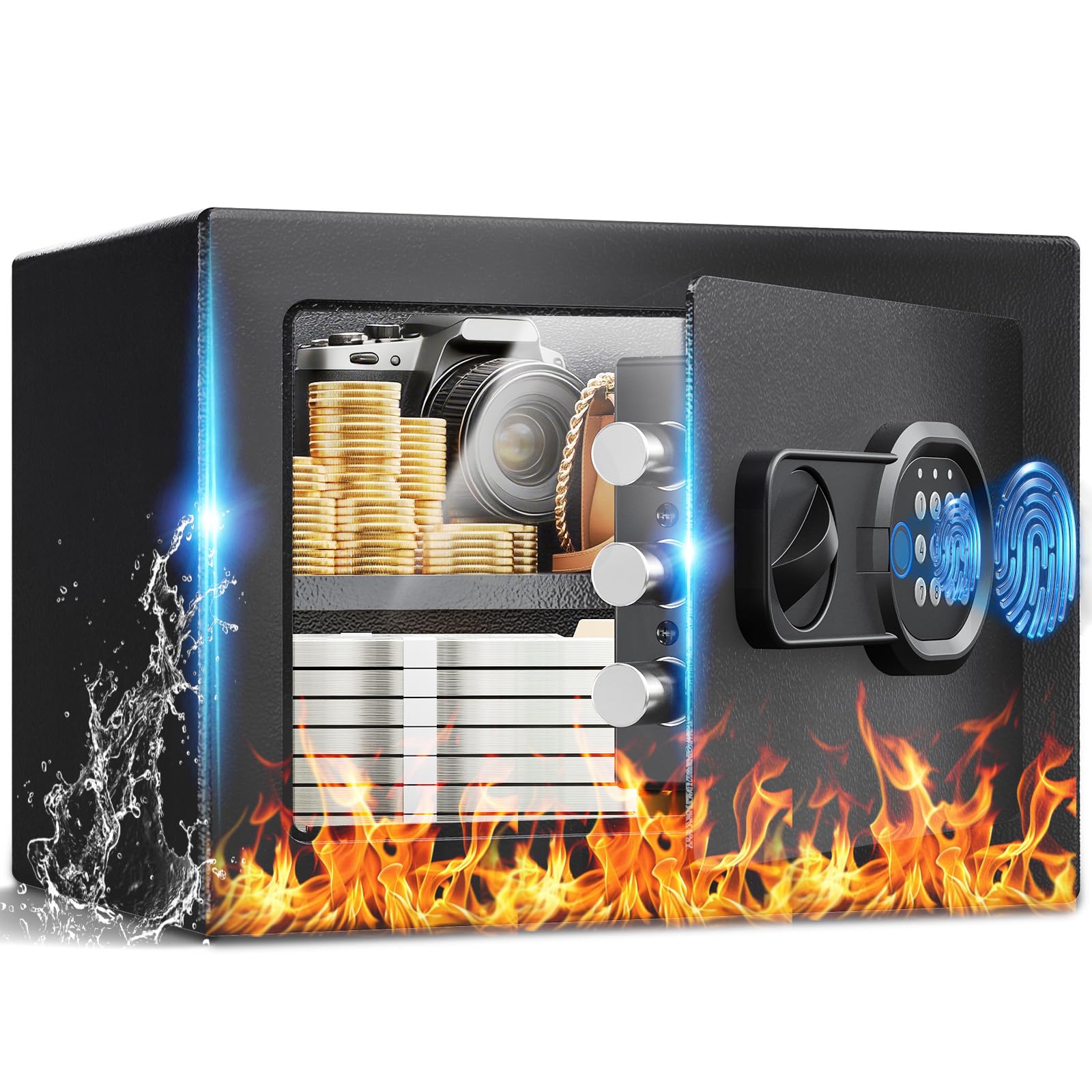 GTPLAYER Tresor für Zuhause, Feuerfester Wasserdichter Mini Sicherheitstresor mit Fingerabdruck, Zahlencode, Notschlüssel & Alarmfunktion – Elektronische Verriegelung für Bargeld Dokumente