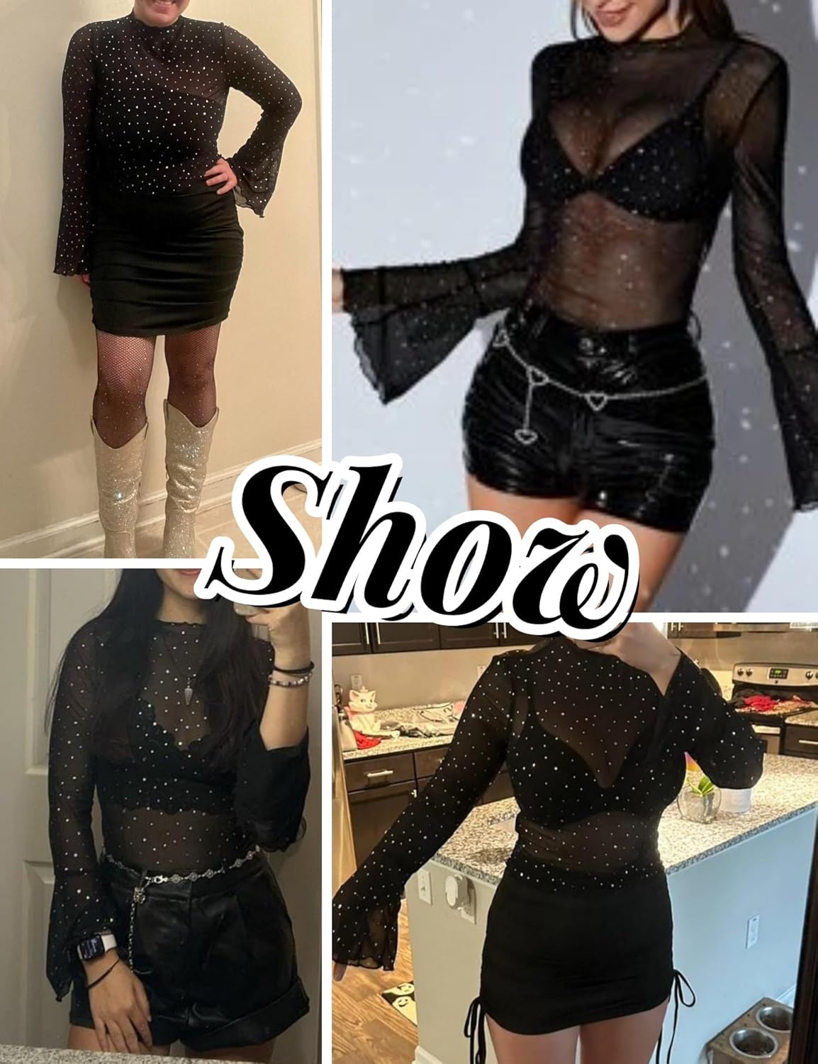 BBX Lephsnt Women Mesh Tops Rhinestone Tops Long Sleeve Sheer Blouse See Through Shirt Sparkle Glitter Shirts Lace Tops - Image 4