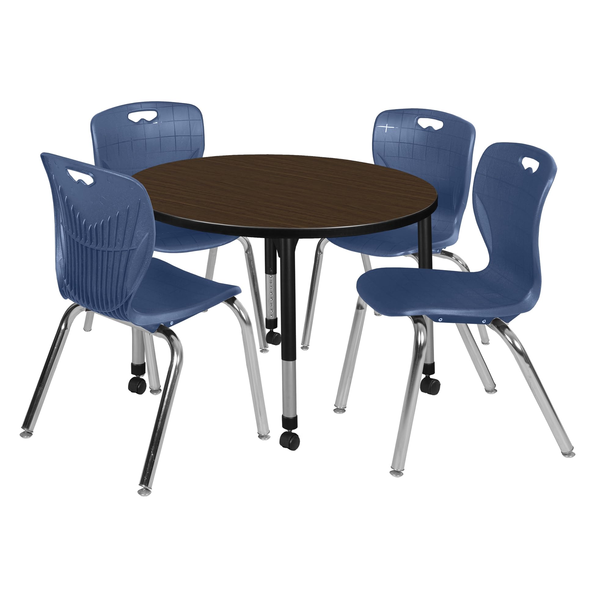Regency Kee 42 in. Round Mobile Adjustable Classroom Table- Neo Walnut Top, Black Base & 4 Andy 18 in. Blue Stack Chairs