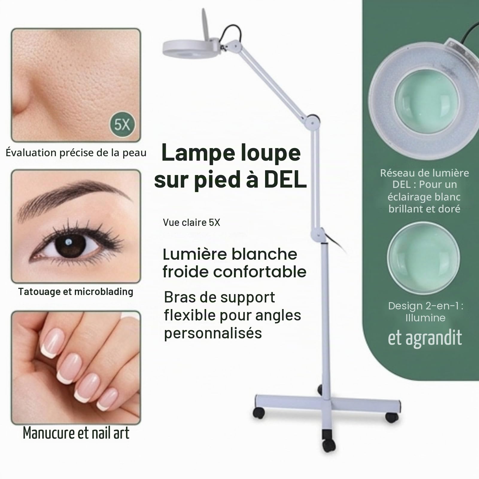 Greensen Lampe Loupe LED 5x avec Bras Réglable, Réglable en Hauteur et Angle, Lampe Esthétique sur Pied Professionnelle pour Manucure, Tatouage & Soins de Beauté