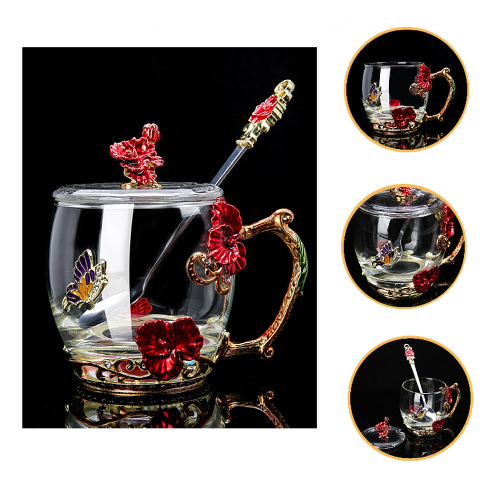 Zkbszn Glass,Glass Cup Set Pattern Cup with Spoon Cup Milk Lemon Flower Butterflies