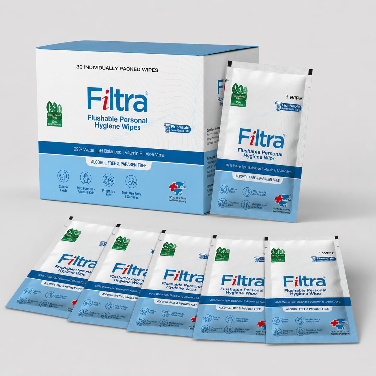Filtra® Flushable Personal Hygiene Wipes | 100% Flushable & Biodegradable | 99% Water | Plant-Based | pH Balanced | Aloe Vera & Vitamin E | Alcohol-Free | Septic Safe | Individually Wrapped for Hygiene & On-the-Go Use | 1 Box of 30 Single-Use Sachets-image-20