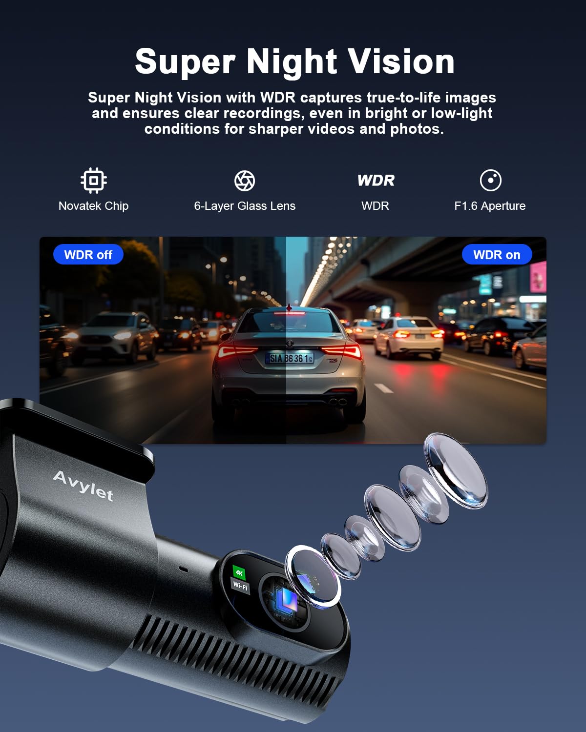Avylet 4K + 1080P Dashcam Auto Delantero Trasero, Wi-Fi/App Dual Auto Cámara con monitorización de estacionamiento, Soporta módulo GPS Externo, Super visión Nocturna, WDR, 170°+150° Gran Angular | Pantalla de 1,5", gran angular 170°+150°, visión nocturna,