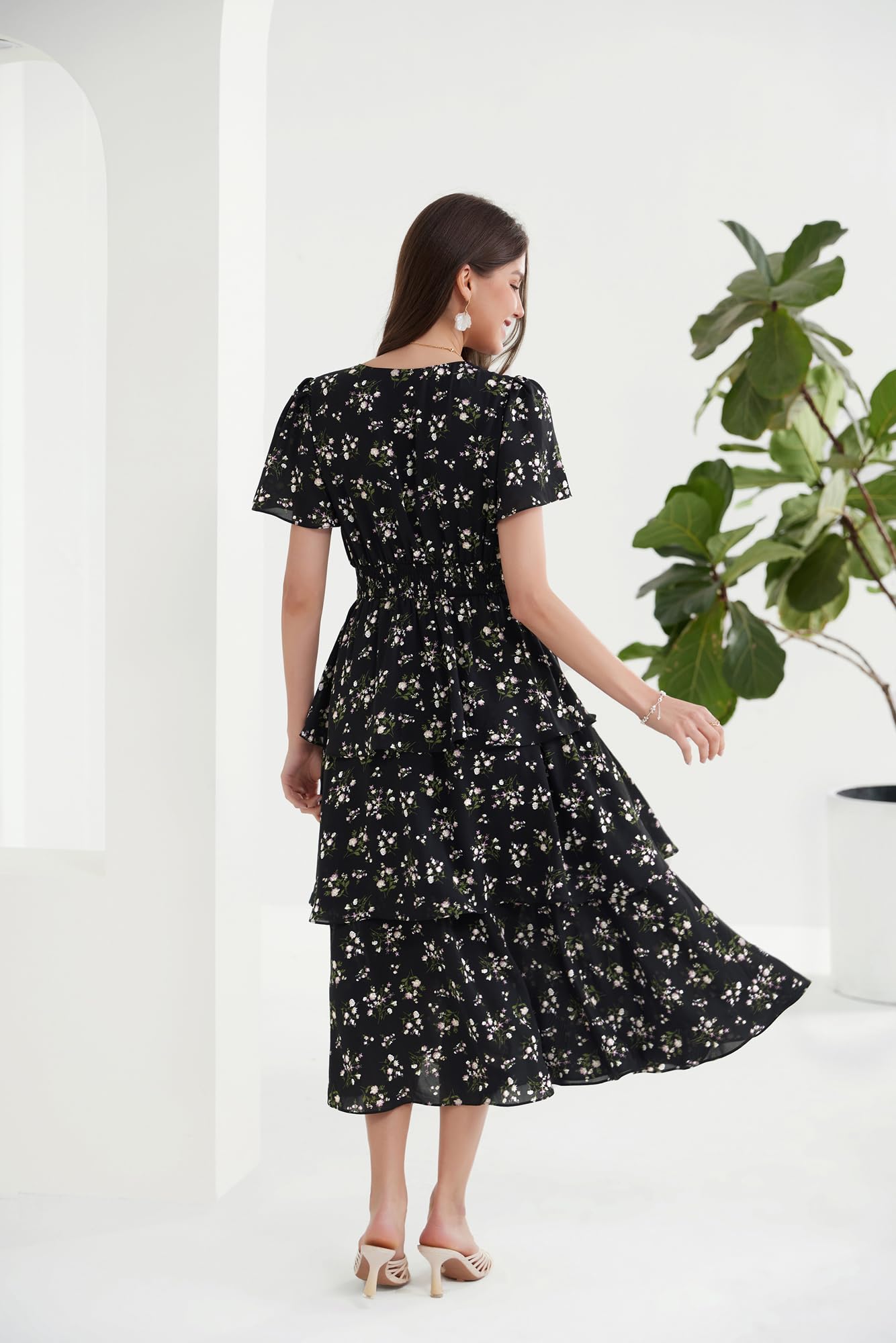 GRACE KARIN Donna Abito Midi Svasato A-Line Scollo V Maniche Corte Vita Elastica