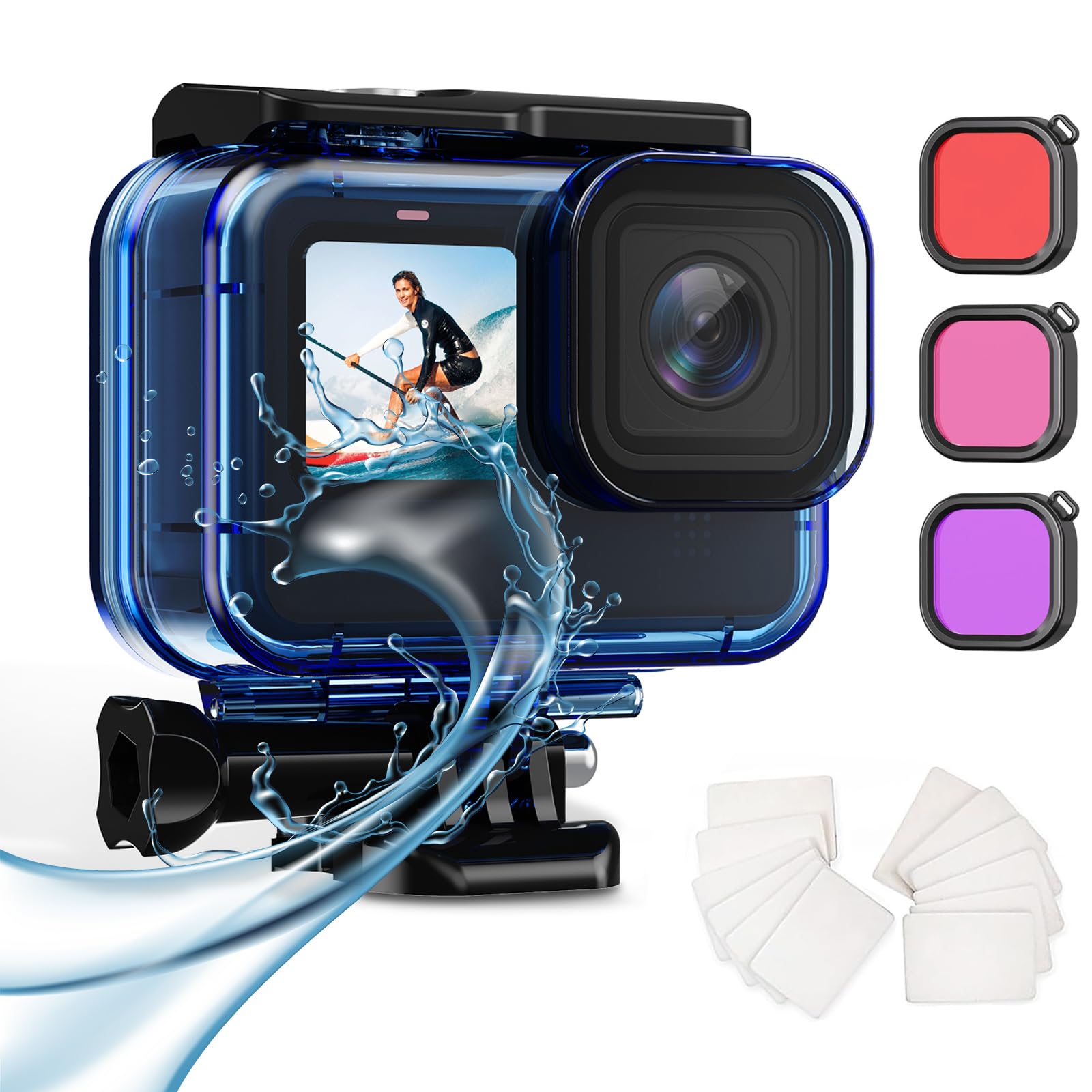 HONGDAK 60M/196FT Waterproof Case with Anti Fog Inserts for Go Pro Hero12 11 10 9 Black, Protective Underwater Diving Housing Shell with 3 Pack Filters Accessories for Hero 12 11 10 9 (Blue)