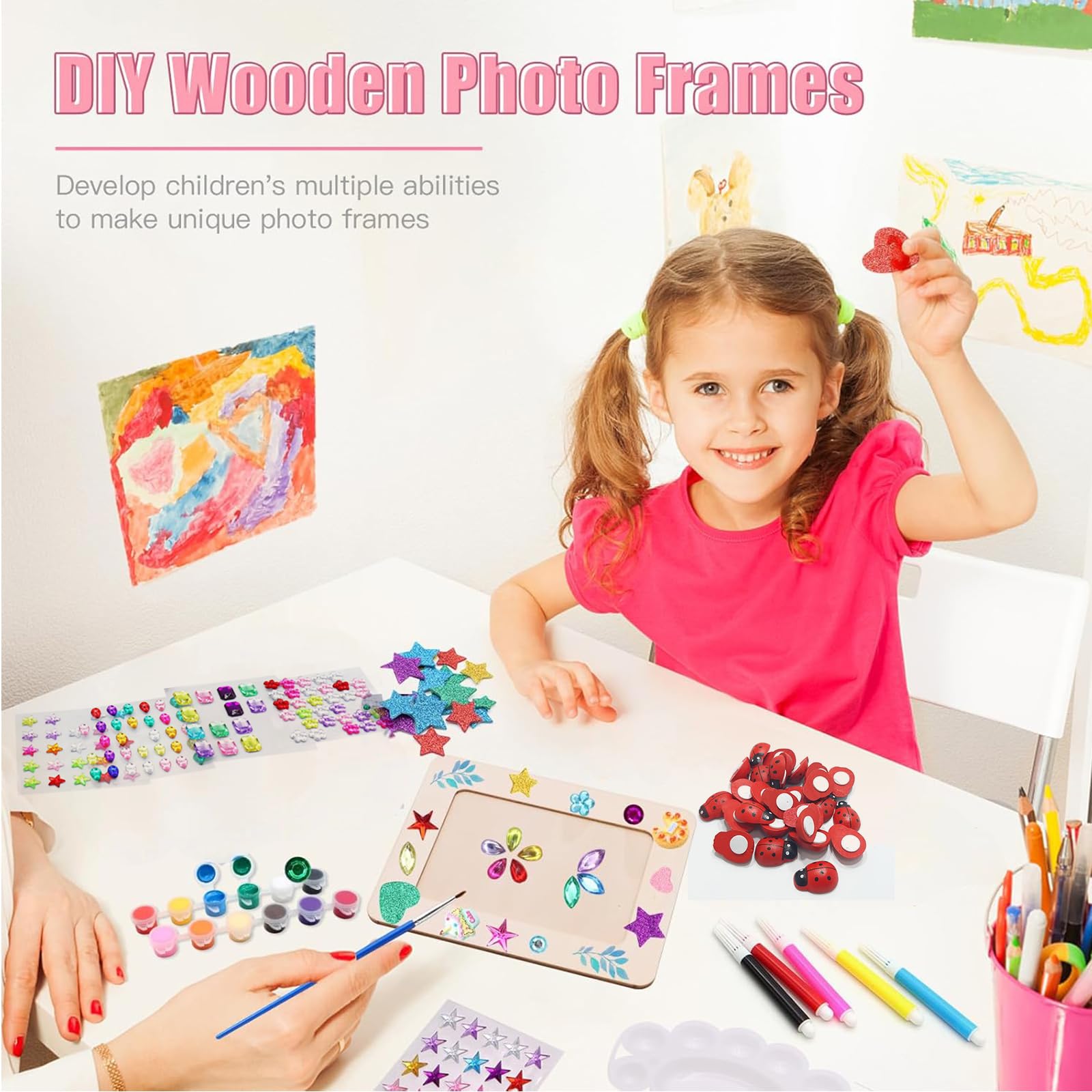comvastars Set van 6 houten fotolijsten om te beschilderen, voor kinderen, 14 x 19 cm, knutselset met 12 waterkleuren, glitterstenen en 3D-stickers, creatieve set om zelf vorm te geven