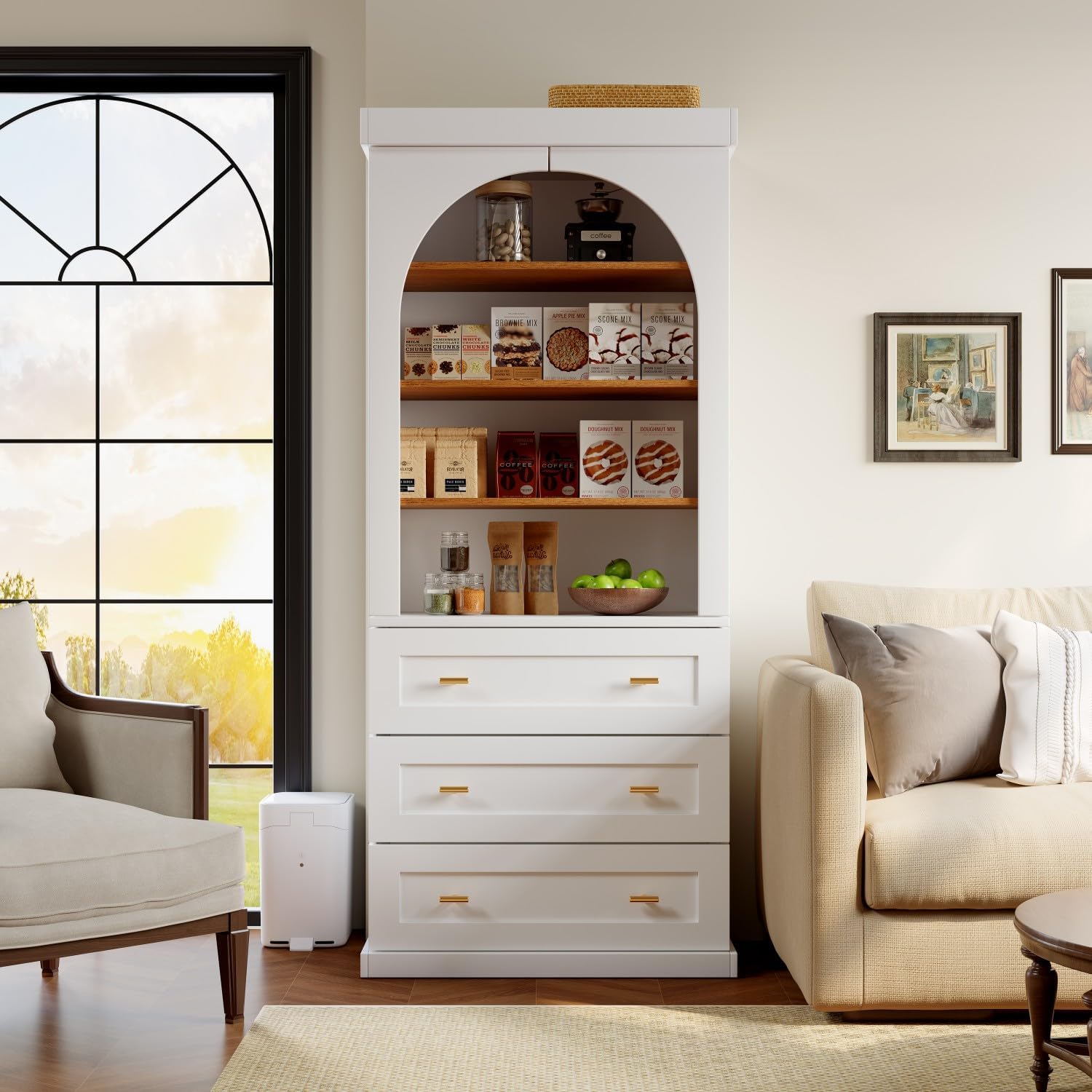 Farmhouse Kitchen Pantry Cabinet Set of 4, 71-Inch Tall Wood Hutch with Glass Doors, Adjustable Shelves & 3 Drawers, Versatile Storage Cabinet for Dining Room, Living Room, White