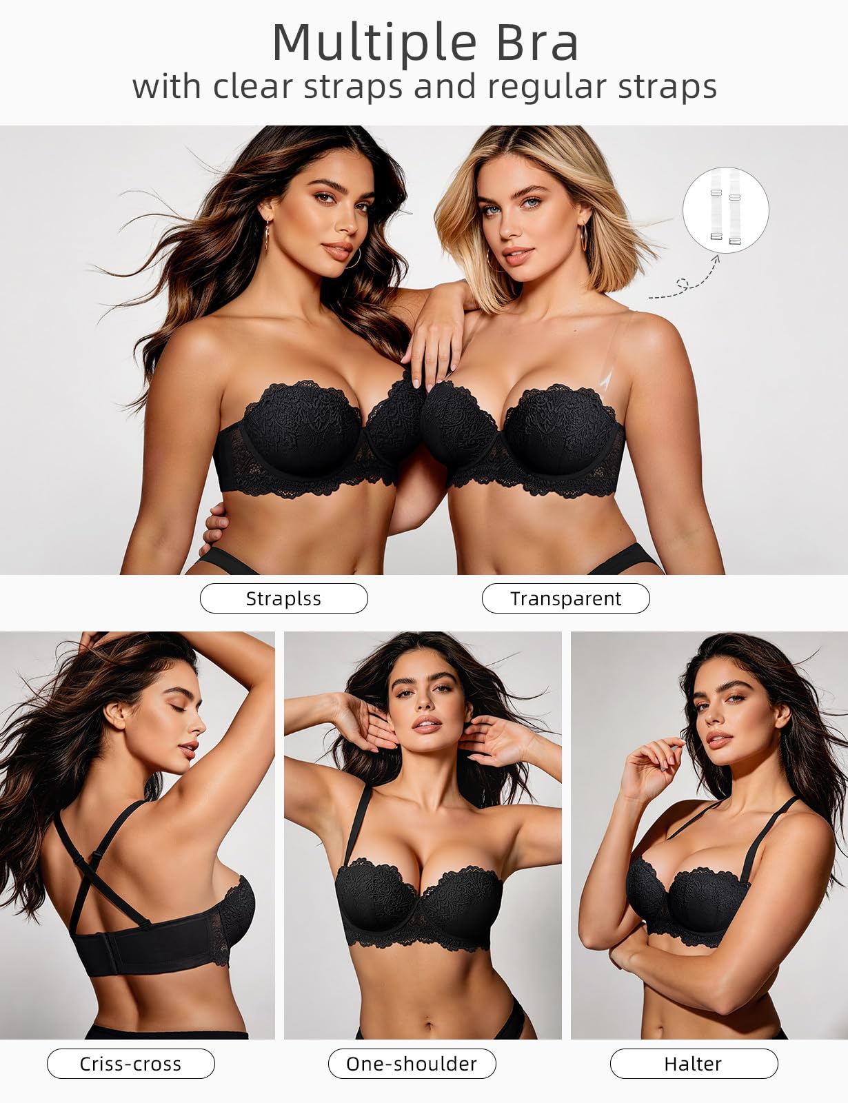 Trägerloser Push-Up-BH mit transparenten Trägern, stark gepolstert, 2 Körbchen, sexy Spitze, Balconette