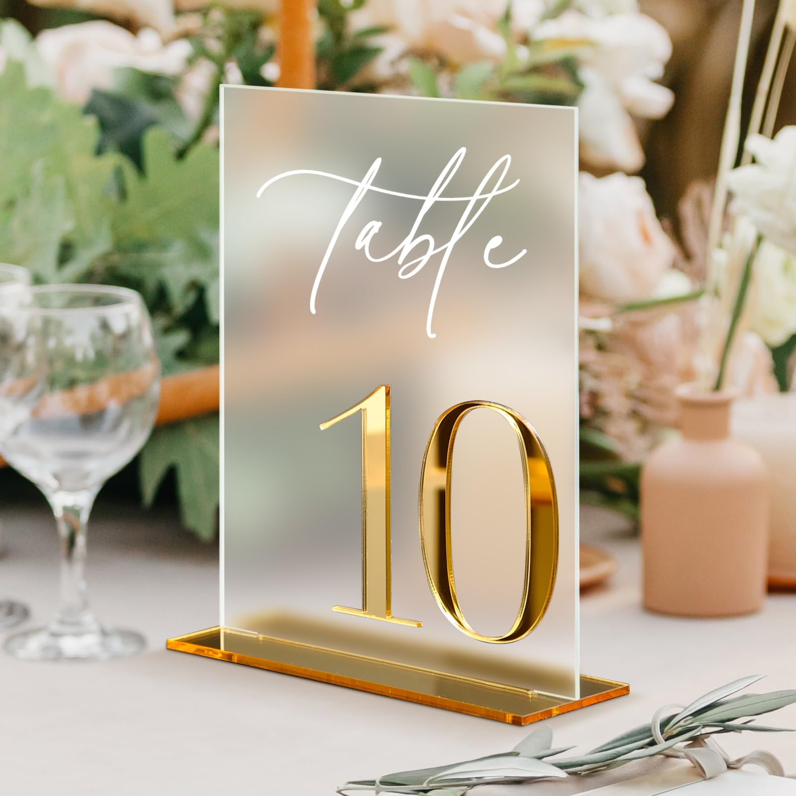 Acrylic Wedding Table Numbers 1-10 with Stands, 5"x7" Frosted Acrylic Place Cards with 3D Gold Mirror Numbers, Frosted and Gold 3D Table Numbers for