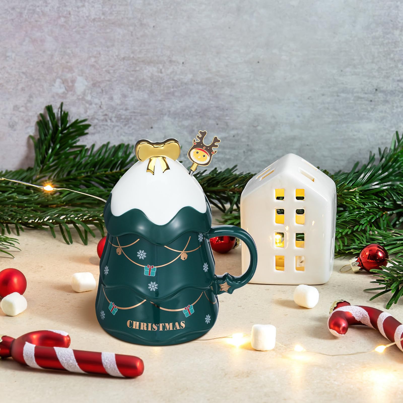Taza de Cerámica Forma de Árbol de Navidad, Capacidad 500ml, Incluye Tapa y Cuchara, Adecuado para Café y Té en Hogar o Cafetería